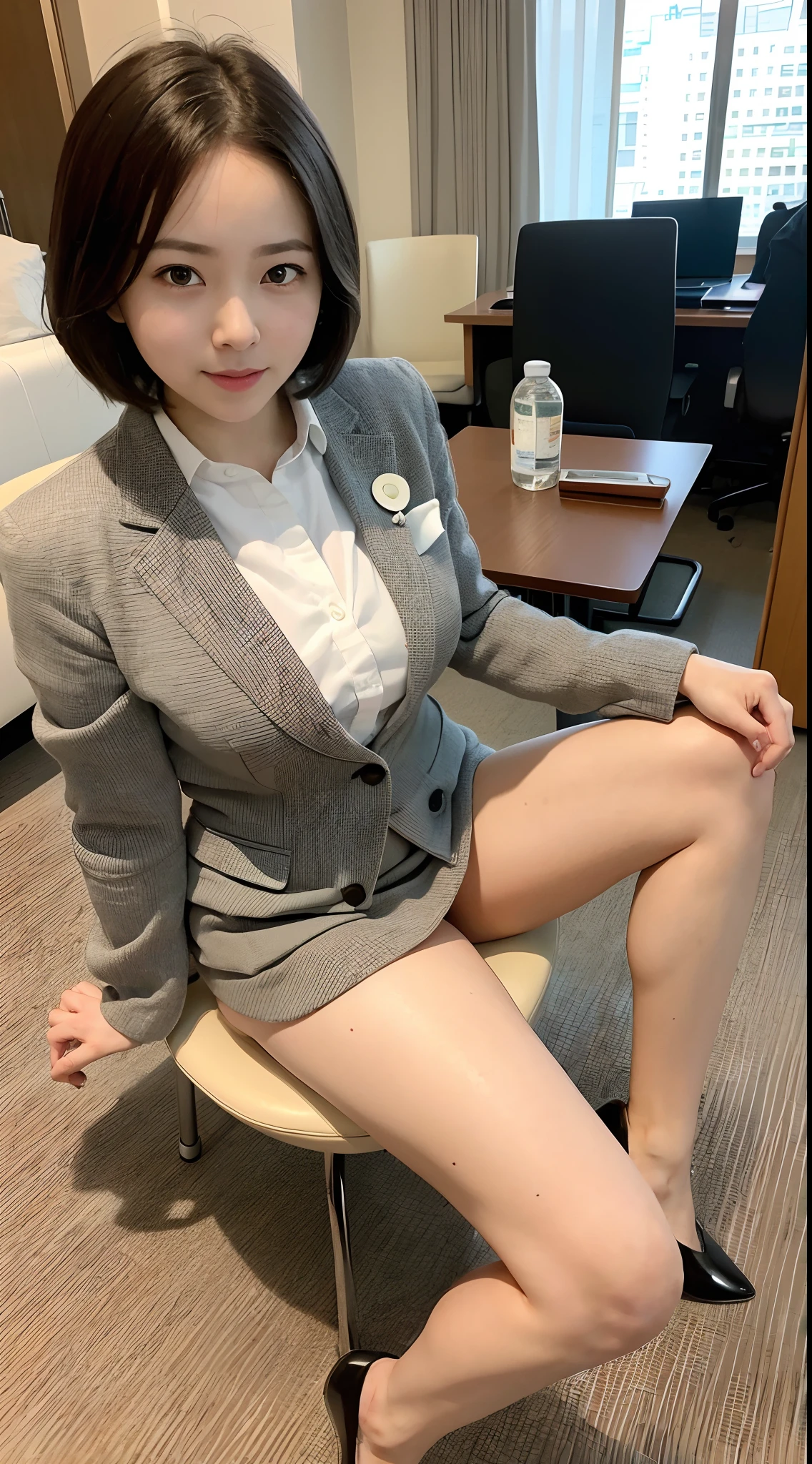 ((of the highest quality, 8K, masutepiece: 1.3, Raw photo)), Sharp Focus: 1.2, (1 AESPA Girl :1.1), Solo, (Realistic, Photorealistic: 1.37),  Cute face, hyperdetailed face, Short messy hair, Small Smile, large full breasts, (Business suits: 1.1), ((Sitting, bend one leg))、Focus on the thighs, Sit on the chaise longue、(Tokyo Metropolitan Government with 1 window: 1.2),a miniskirt、(low  angle shot:1.1),Angle from below、Photograph the whole body