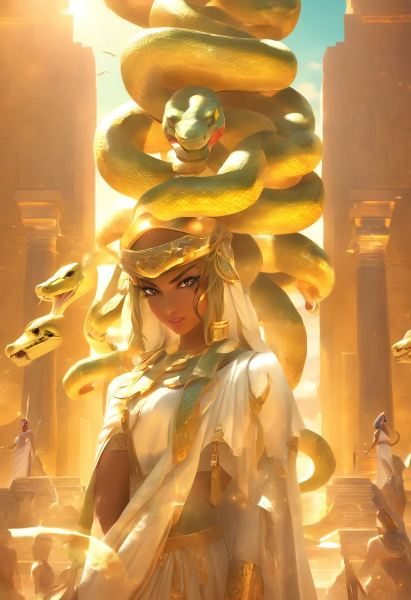 (((Human body and snake helmet))) best quality, very high resolution, 4K detailed CG, masterpiece, Egyptian mythology, Renenutet,Woman, sun in the background, Ancient Egypt, standing pose, snake helmet , white clothes, Egyptian clothes, Egyptian temple, desert, Ancient Egypt, ((snake headgear)), Egyptian palace, aesthetics, beautiful image, centered on screen, standing pose