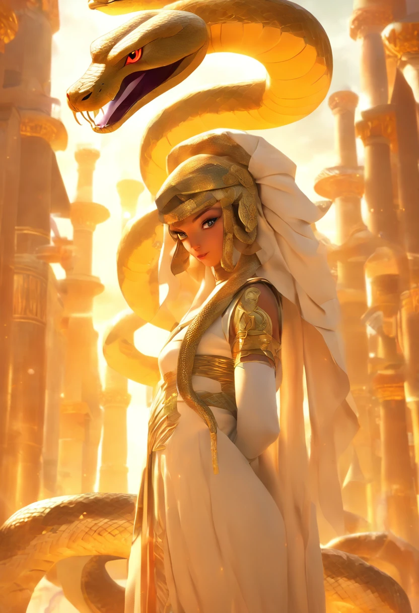 (((Human body and snake helmet))) best quality, very high resolution, 4K detailed CG, masterpiece, Egyptian mythology, Renenutet,Woman, sun in the background, Ancient Egypt, standing pose, snake helmet , white clothes, Egyptian clothes, Egyptian temple, desert, Ancient Egypt, ((snake headgear)), Egyptian palace, aesthetics, beautiful image, centered on screen, standing pose