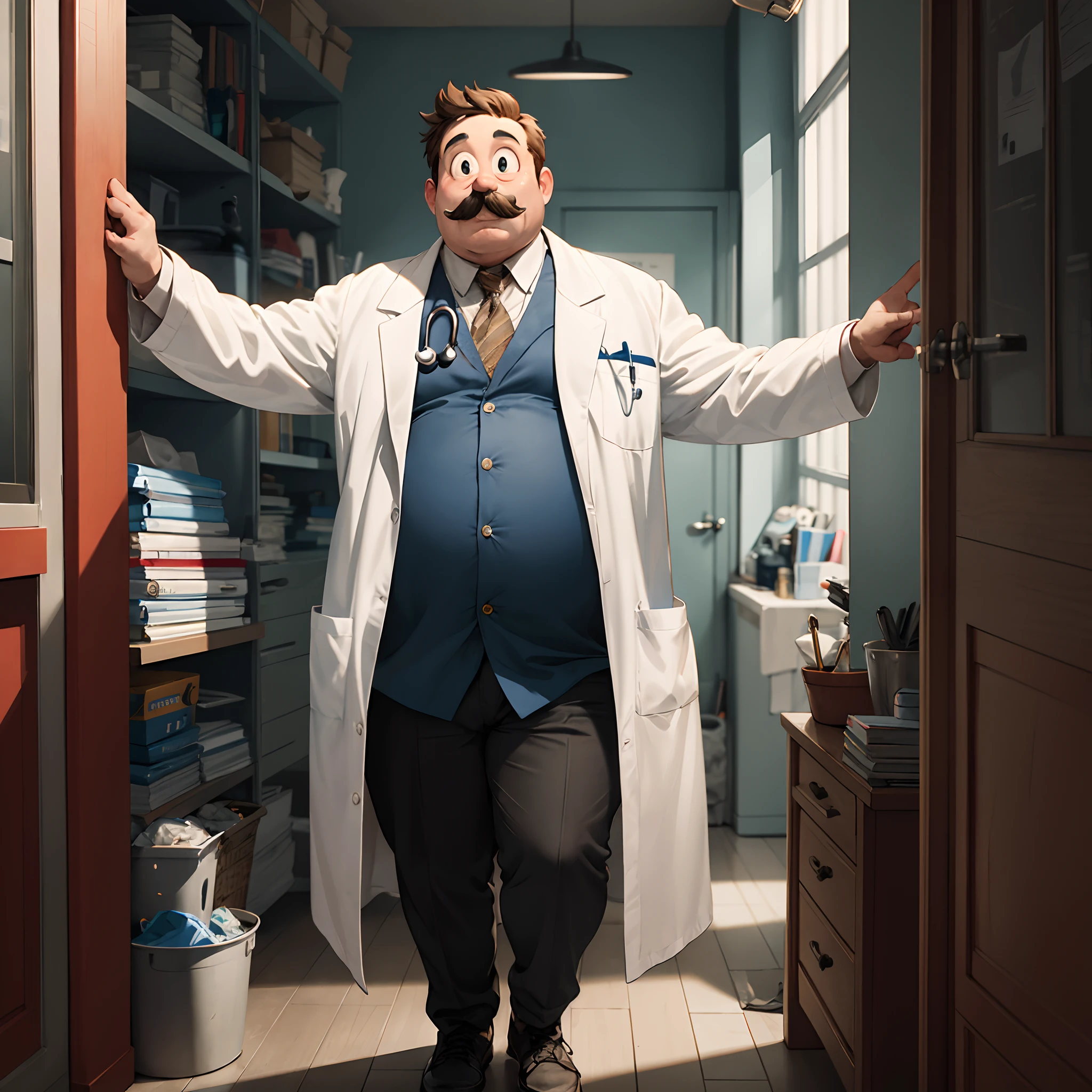 I want a movie poster where the protagonist is a chubby doctor with a short beard and mustache that is Pixar-style