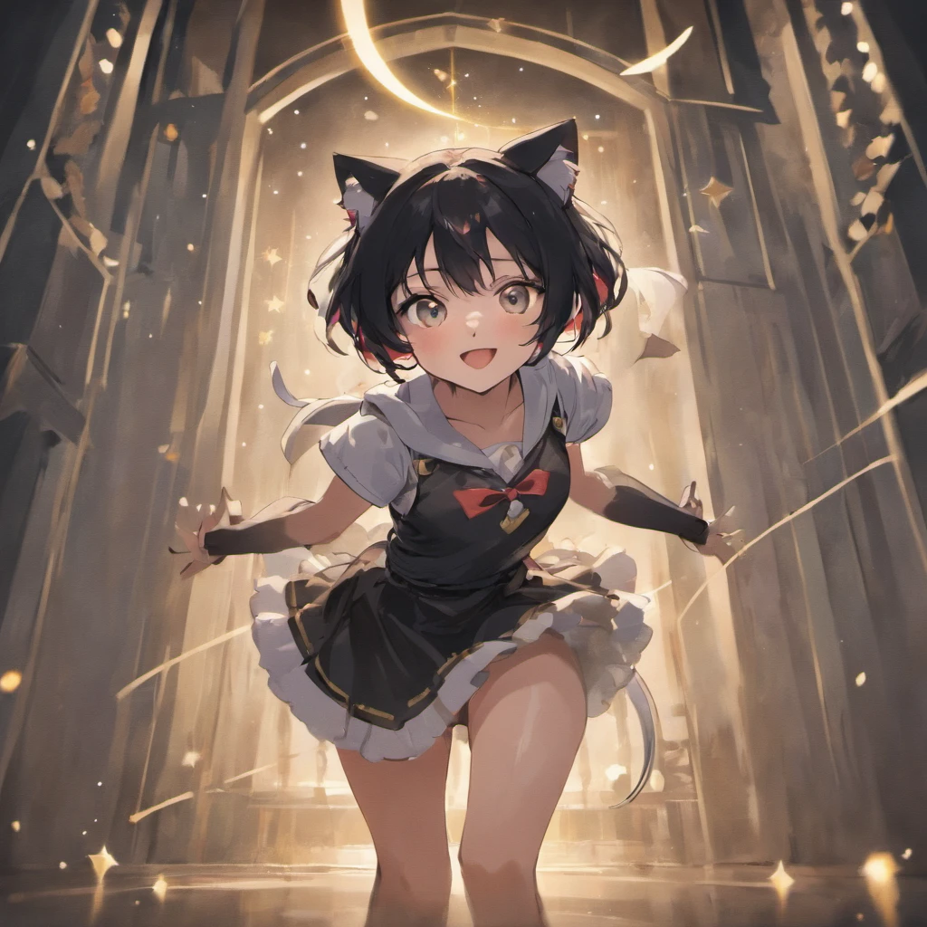 1 girl, black hair, with cat ears, with white eyes, Short skirt in black, White Topic, cat tail, Background with stars, looks at the audience, Smiling Face, Black hearts on chic, Milaha
