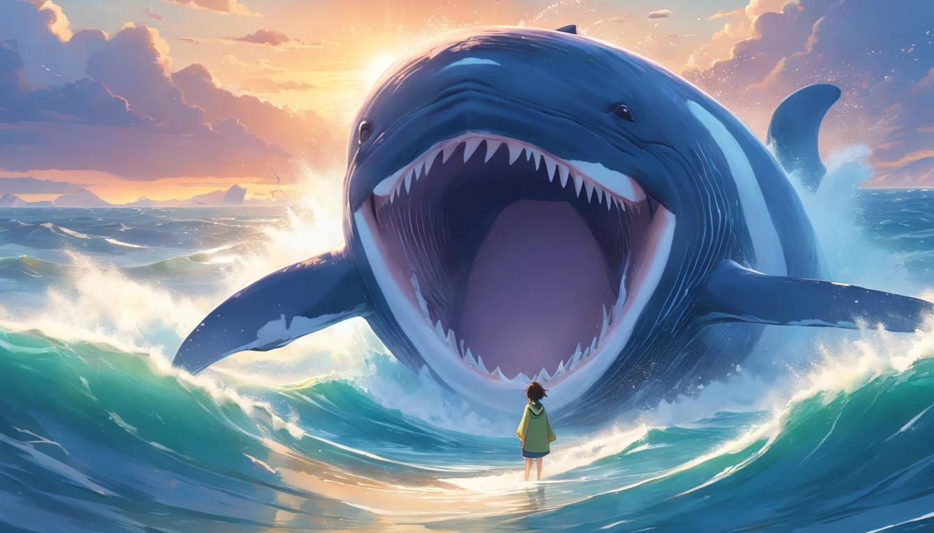 Image of a rough sea, with a huge whale, the whale had its mouth open, Illustrate the scene in which a huge whale swallowed Jonah, Male biblical character, called Jonah, around 30 years old, with a tunic, brown hair , brown beard, with an expression of fear, scared, sad hyper-realistic style, 8K , Ultra HD, Pixar, Disney Style, Cinema 4d