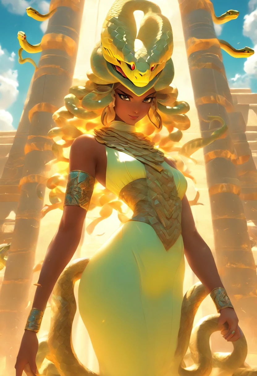 (((Woman's body and snake helmet))) best quality, very high resolution, 4K detailed CG, masterpiece, Egyptian mythology, Renenutet, sun in the background, Ancient Egypt, standing pose, snake helmet, clothes white, Egyptian clothes, Egyptian temple, desert, Ancient Egypt, ((snake headgear)), Egyptian palace, aesthetics, beautiful image, centered on the screen, standing pose