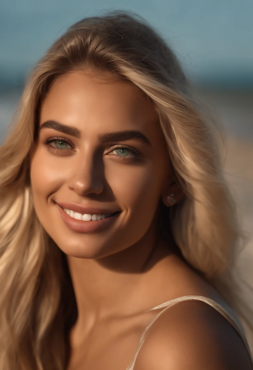 RAW, analog, Nikon Z 85mm,((best quality)), ((masterpiece)), ((realistic)),far fromthe camera image, gorgeous exotic woman, blond, 18 year old, posing in a beach, wearing lingerie petite, smile with teeth showing, ((large breasts)), intricate details, highly detailed, sharp focus, professional, 4k, god rays, hand model, stunning brown eyes, petite,strong chin big ramus dnot defined jawline  huge strong cheekbones highset cheekbones big green eyes. great face projection highres, detailed facial features, high detail, sharp focus, smooth, extremely detailed, photo_\(ultra\), photorealistic, realistic, post-processing, max detail, roughness, real life, ultra realistic, photorealism, 8k uhd, SEMI-SILHOUETTE light, slavic face, long blon hair, beautiful hair, real face face