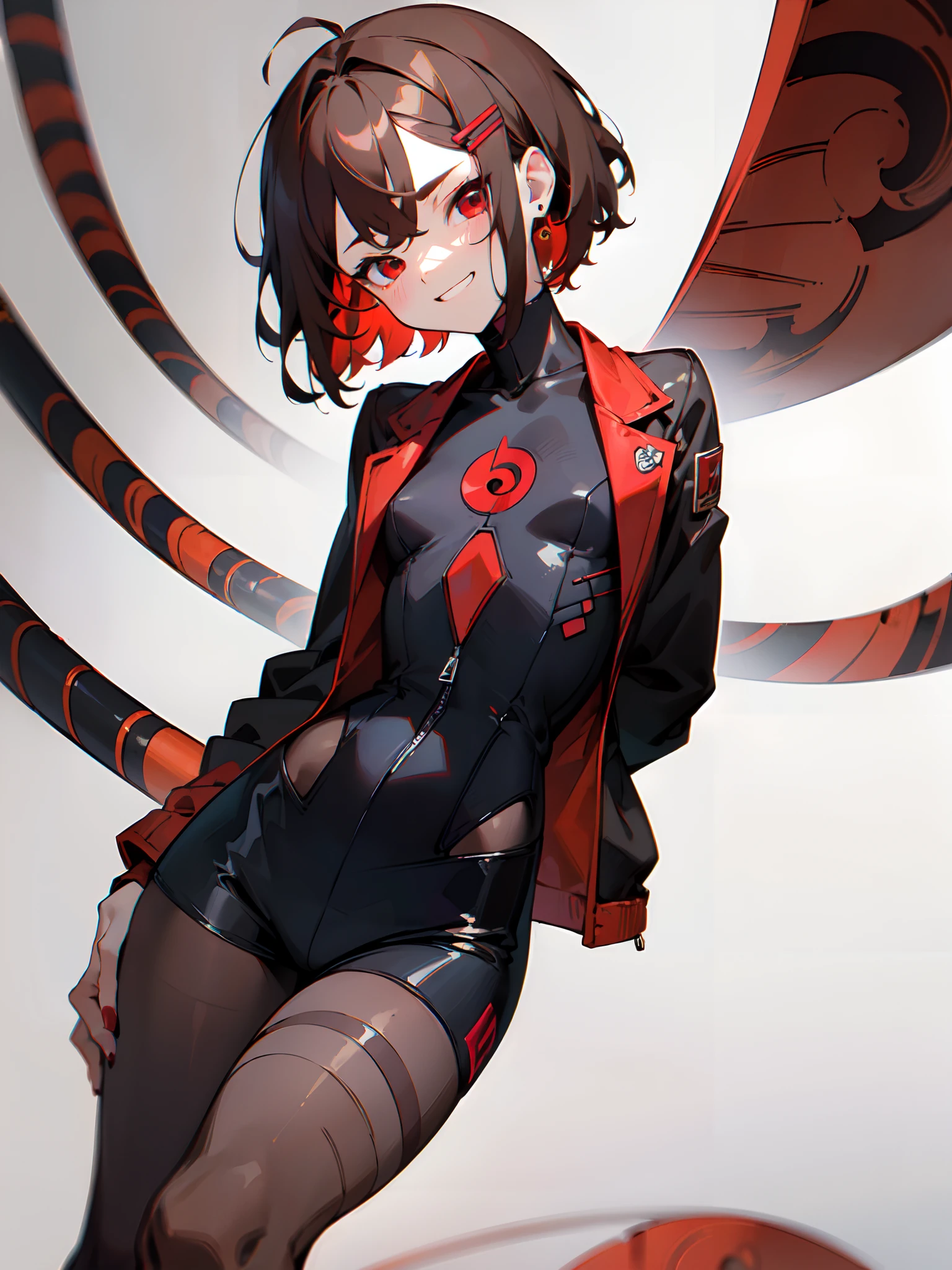 (masterpiece, sidelighting, finely detailed red eyes: 1.2), ((best quality)), ((masterpiece)), (highly detailed:1.3), anime, girl, small chest, childish body, bodytight shirt, turtleneck, open jacket with long sleeves, oversized shorts, dark-grey shorts, pale skin, (shadowed eyes, darkened eyes), (smirk, mischevious grin), (short-medium hair, brown hair, messy haircut, hair between eyes, hairclips on left side), ((dark pantyhose with red spiral lines on them)), earrings, red tatto on left hand, hands behind back, scar on left hip, solo, 1girl, walking down the street,