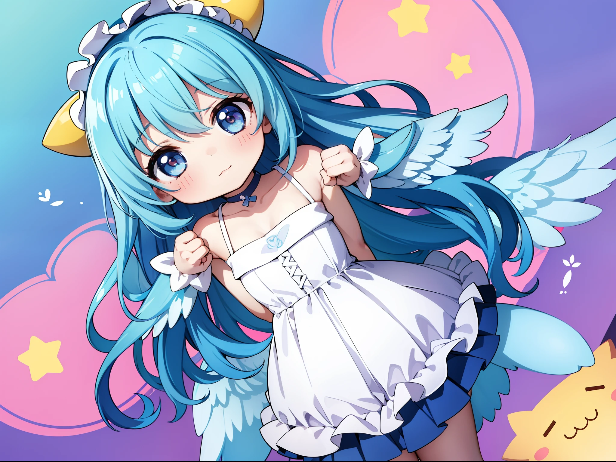 2:Chibi Character　With colorful angel wings、Visible flying over the sea。long hair with blue hair((Chibi Chara))、Girl in cute costume、Chibi Chara、full body Esbian、Pastel colors hair、masutepiece、top-quality、Large in the center