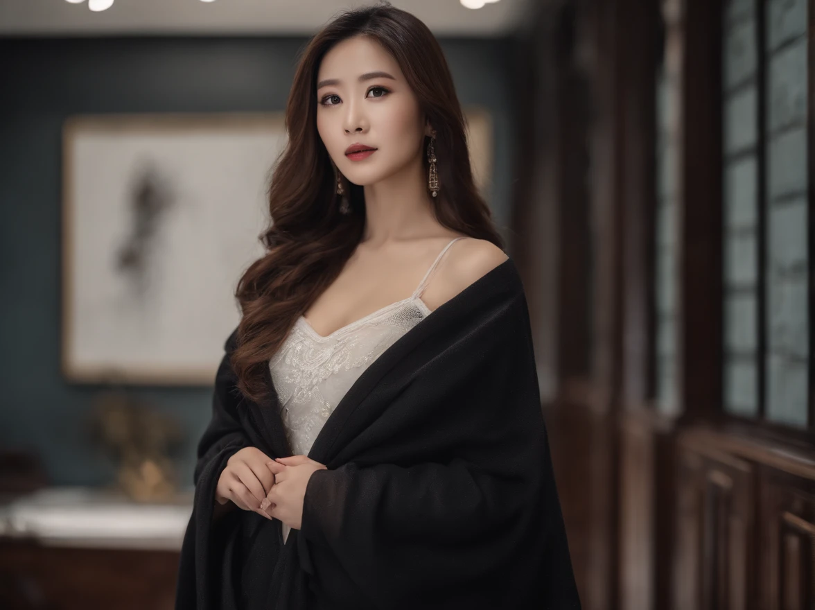 (best qualtiy,8k,32k,tmasterpiece,UHD:1.2),Photo of beautiful Chinese woman,d-cup breasts,Long hair with a shawl,brown hair,The upper part of the body,White professional wear,sface focus,oversized_sweater,office backdrop,from the above,looking at viewert,