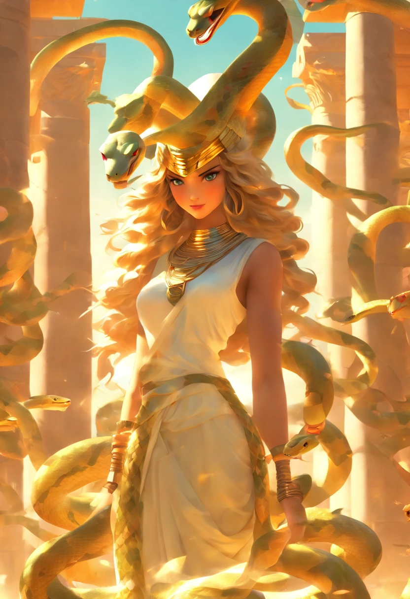 (((Human body and snake head))) best quality, very high resolution, 4K detailed CG, masterpiece, Egyptian mythology, Renenutet, sun in the background, Ancient Egypt, standing pose, snake head, clothes white, Egyptian clothes, Egyptian temple, desert, Ancient Egypt, ((snake head, woman's body)), Egyptian palace, aesthetics, beautiful image, centered on screen, standing pose