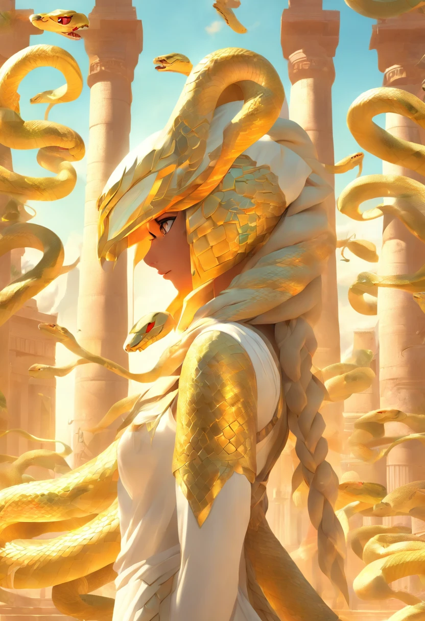 (((Woman's body and snake helmet))) best quality, very high resolution, 4K detailed CG, masterpiece, Egyptian mythology, Renenutet, sun in the background, Ancient Egypt, standing pose, snake helmet, white clothes , Egyptian clothing , Egyptian temple, desert, Ancient Egypt, ((snake helmet)), Egyptian palace, aesthetics, beautiful image, centered on screen, standing pose