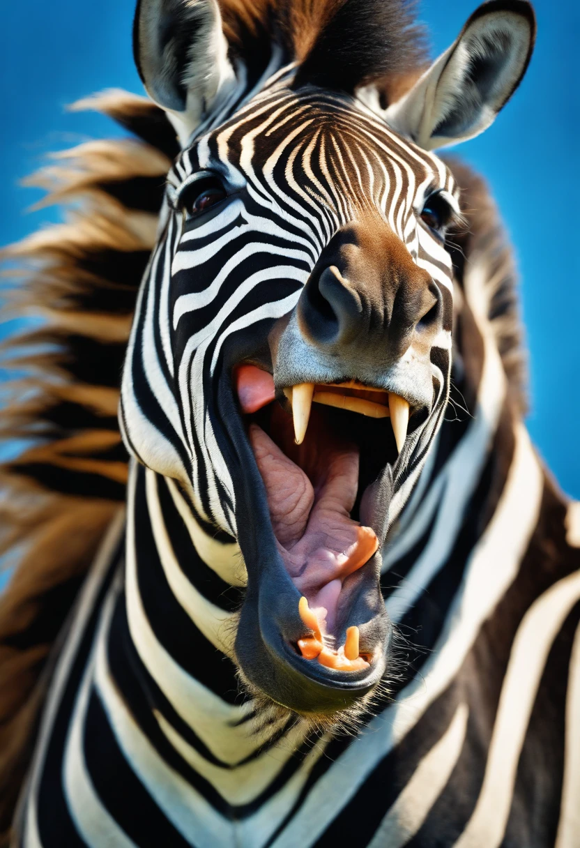 laughter, zebra-faced man, detailed facial expressions, vibrant colors, blue background, humorous, comical, high-resolution, photo-realistic, playful, detailed mane, distinct zebra pattern, joyful atmosphere, dynamic pose, dramatic lighting, expressive eyes