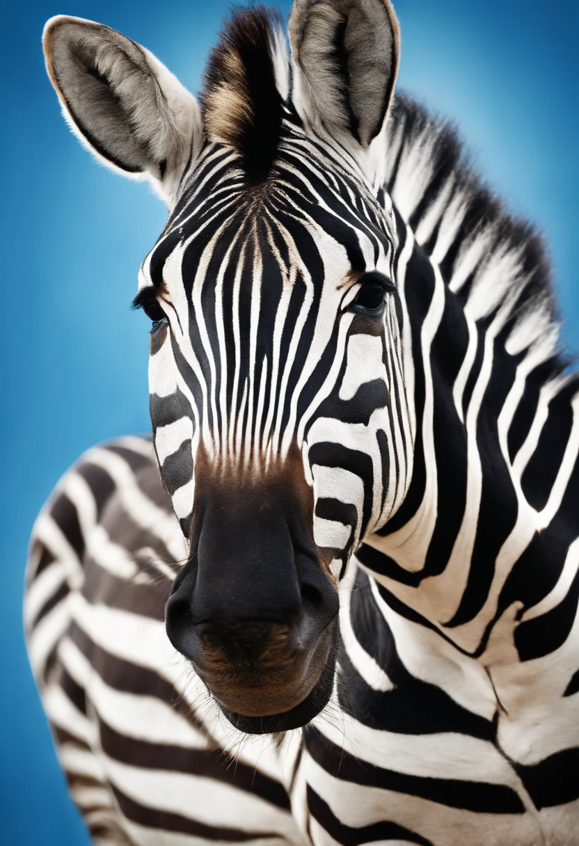 laughter, zebra-faced man, detailed facial expressions, vibrant colors, blue background, humorous, comical, high-resolution, photo-realistic, playful, detailed mane, distinct zebra pattern, joyful atmosphere, dynamic pose, dramatic lighting, expressive eyes