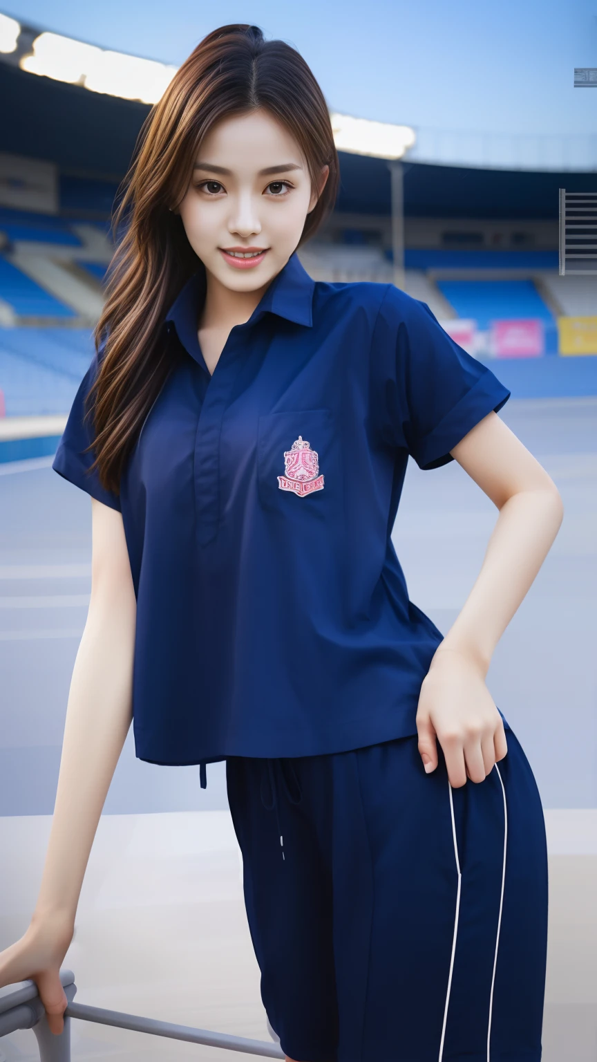 (bestquality,10,10,highres,masterpiece:1.2),ultra-detail,(Realistic,photorealistic portrait,photo-realistic:1.37),1 Cute girl in the football field,oily shiny skin,bara,light smile,BDclothes,((blue shirt:1.3)),short sleeves,shirt, trousers.,(navy_long_Pants Track:1.1), ((Stadium Background:1.3)),dynamic angle,excited,face focus,Dynamic Poses,from behide,Ass Focus,masterpiece, bestquality, ultra realistic, hyper-detail, 8k resolution, RAW photo, crisp focus, ((Navy blue shirt:1.1)), short sleeves, Long Path, Perfect body, 2 mature women, 18yo, cinematic light,Blue sweatpants,Gymware,Correct anatomy,Complete body, Correct body, sharp face, Anatomically correct body, full entire body, Realistic gestures, long-haired, Realistic poses,Wear long shorts...,Long leg span,Shapely,Girl Sculpting 2 Girl, Slender Figure, mannequin mannequins, Shapely, Beautiful body