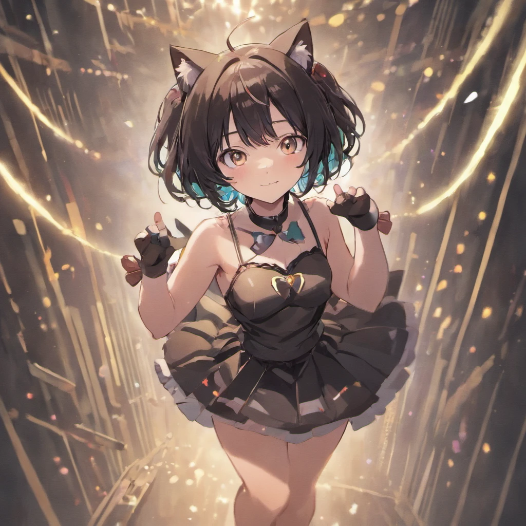 1 girl, black  hair, with cat ears, with white eyes, Short skirt in black, white theme, cat tail, Background with stars, looks at the audience, smile face, Black hearts on chic, Milaha, Smiling, Looks like a prostitute