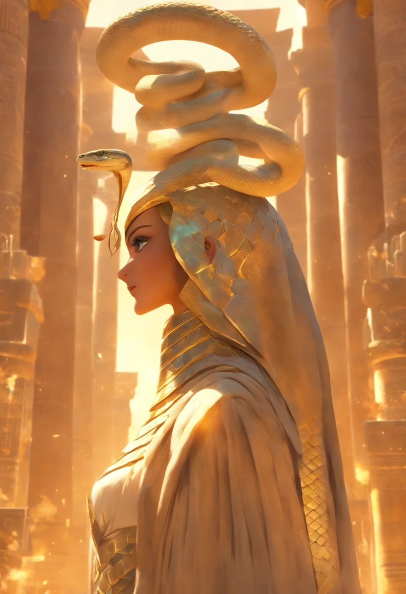(((snake helmet))) best quality, very high resolution, 4K detailed CG, masterpiece, Egyptian mythology, Renenutet, woman, sun in the background, Ancient Egypt, standing pose, snake helmet, white clothes, clothes Egyptian, Egyptian temple, desert, Ancient Egypt, ((snake helmet)), Egyptian palace, aesthetics, beautiful image, centered on screen, standing pose
