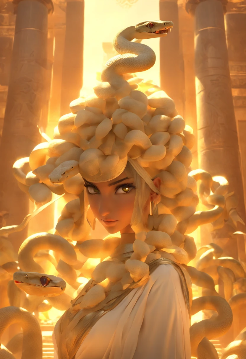(((Human body and snake head))) best quality, very high resolution, 4K detailed CG, masterpiece, Egyptian mythology, Renenutet,Woman, sun in the background, Ancient Egypt, standing pose, snake head , white clothes, Egyptian clothes , Egyptian temple, desert, Ancient Egypt, ((serpent head)), Egyptian palace, aesthetics, beautiful image, centered on screen, standing pose