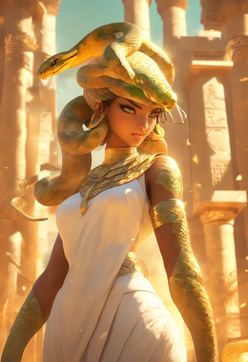 (((snake helmet))) best quality, very high resolution, 4K detailed CG, masterpiece, Egyptian mythology, Renenutet, woman, sun in the background, Ancient Egypt, standing pose, snake helmet, white clothes, clothes Egyptian, Egyptian temple, desert, Ancient Egypt, ((snake helmet)), Egyptian palace, aesthetics, beautiful image, centered on screen, standing pose