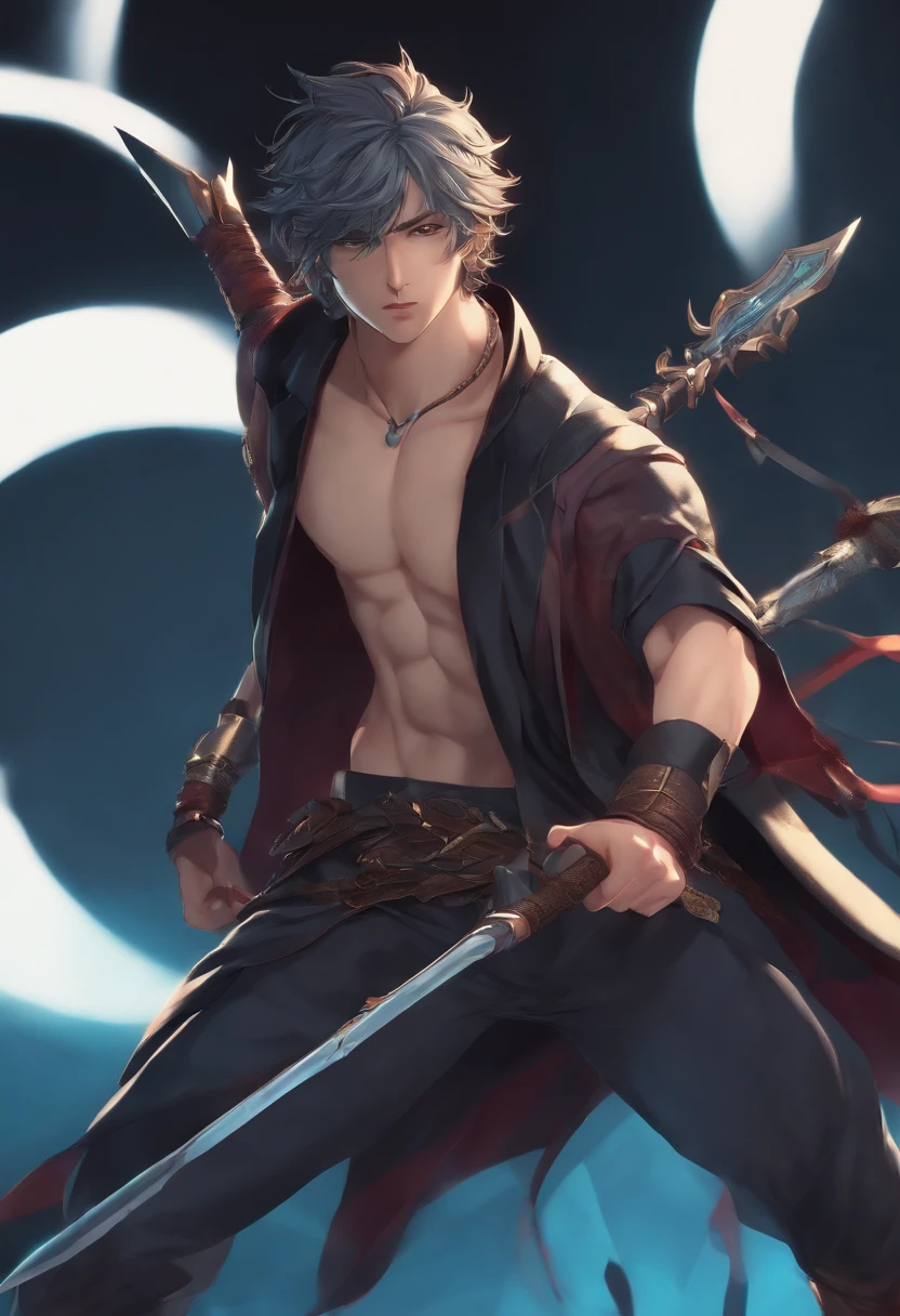 cool, anime male character, hold a spear, dynamic pose, looking at the viewer, wear cool spandex, covering feet to neck