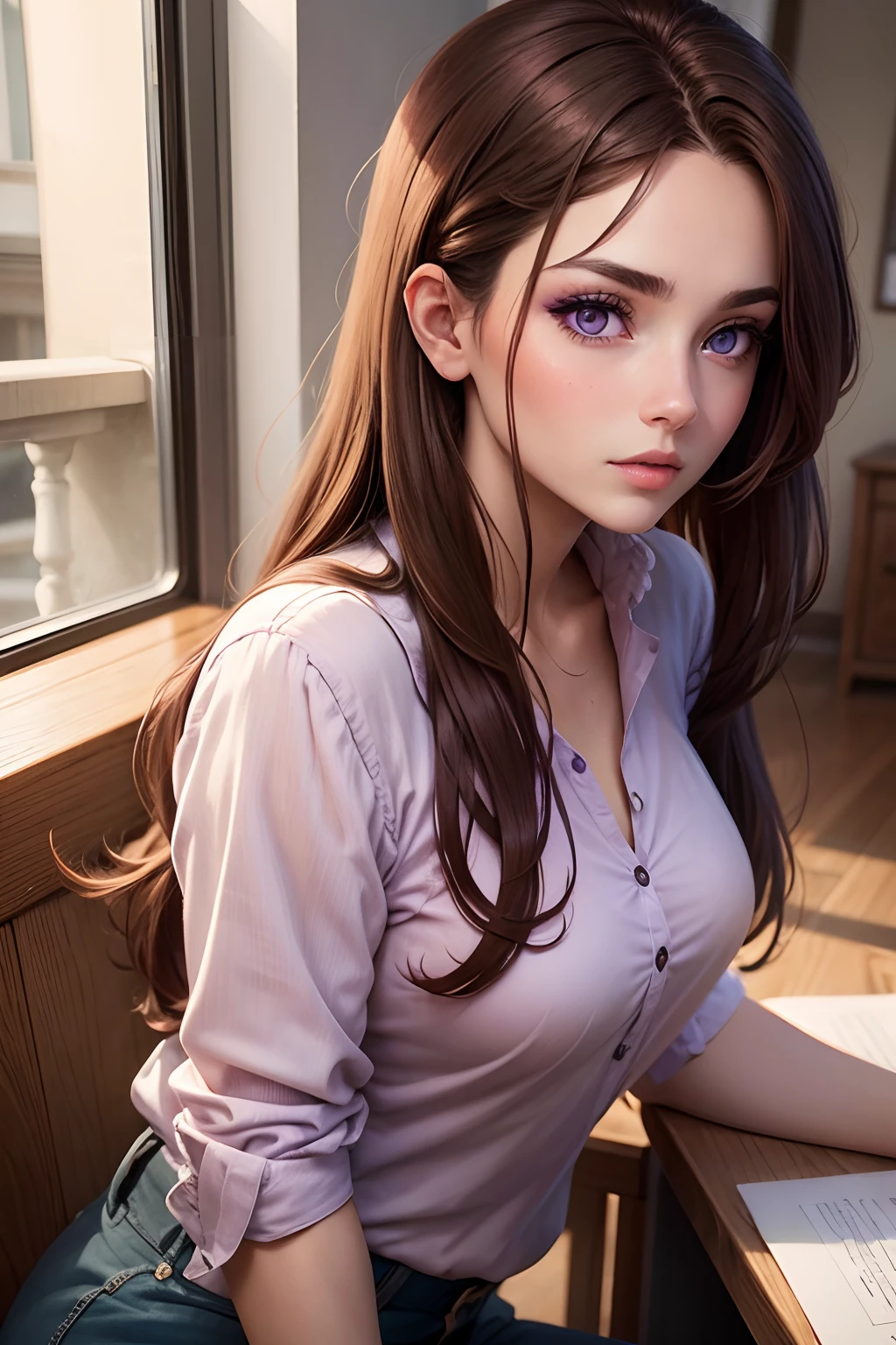 woman with brown hair and purple eyes