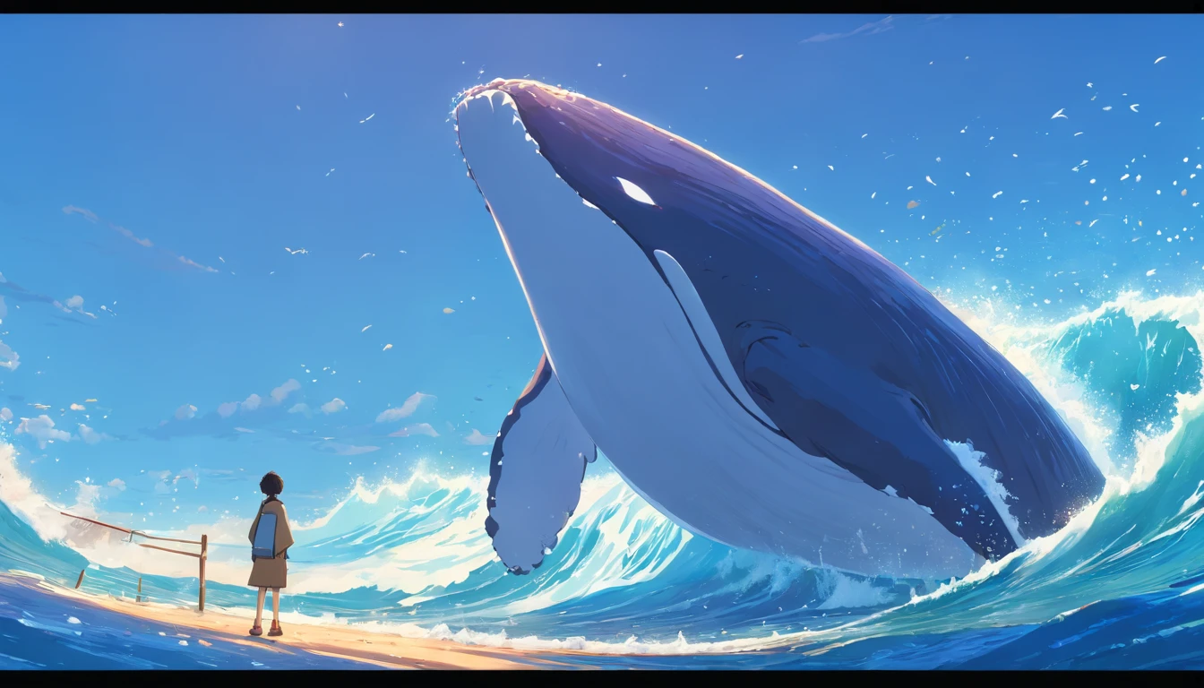 Image of a rough sea, with a huge whale, the whale had its mouth open, Illustrate the scene in which a huge whale swallowed Jonah, Male biblical character, called Jonah, around 30 years old, with a tunic, brown hair , brown beard, with an expression of fear, scared, sad hyper-realistic style, 8K , Ultra HD, Pixar, Disney Style, Cinema 4d