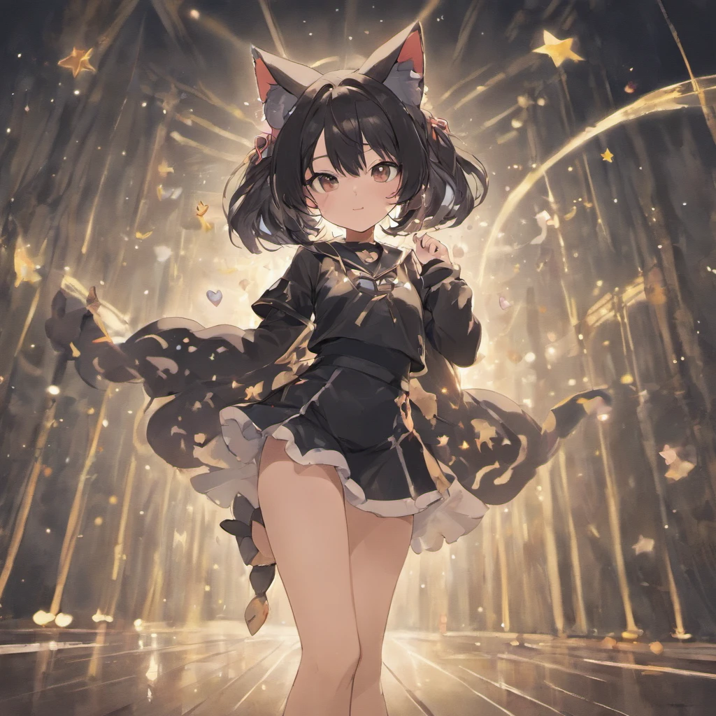 1 girl, black hair, with cat ears, with white eyes, Short skirt in black, white theme, cat tail, Background with stars, looks at the audience, smile face, Black hearts on chic, Milaha, Smiling, He looks like a prostitute, Slut