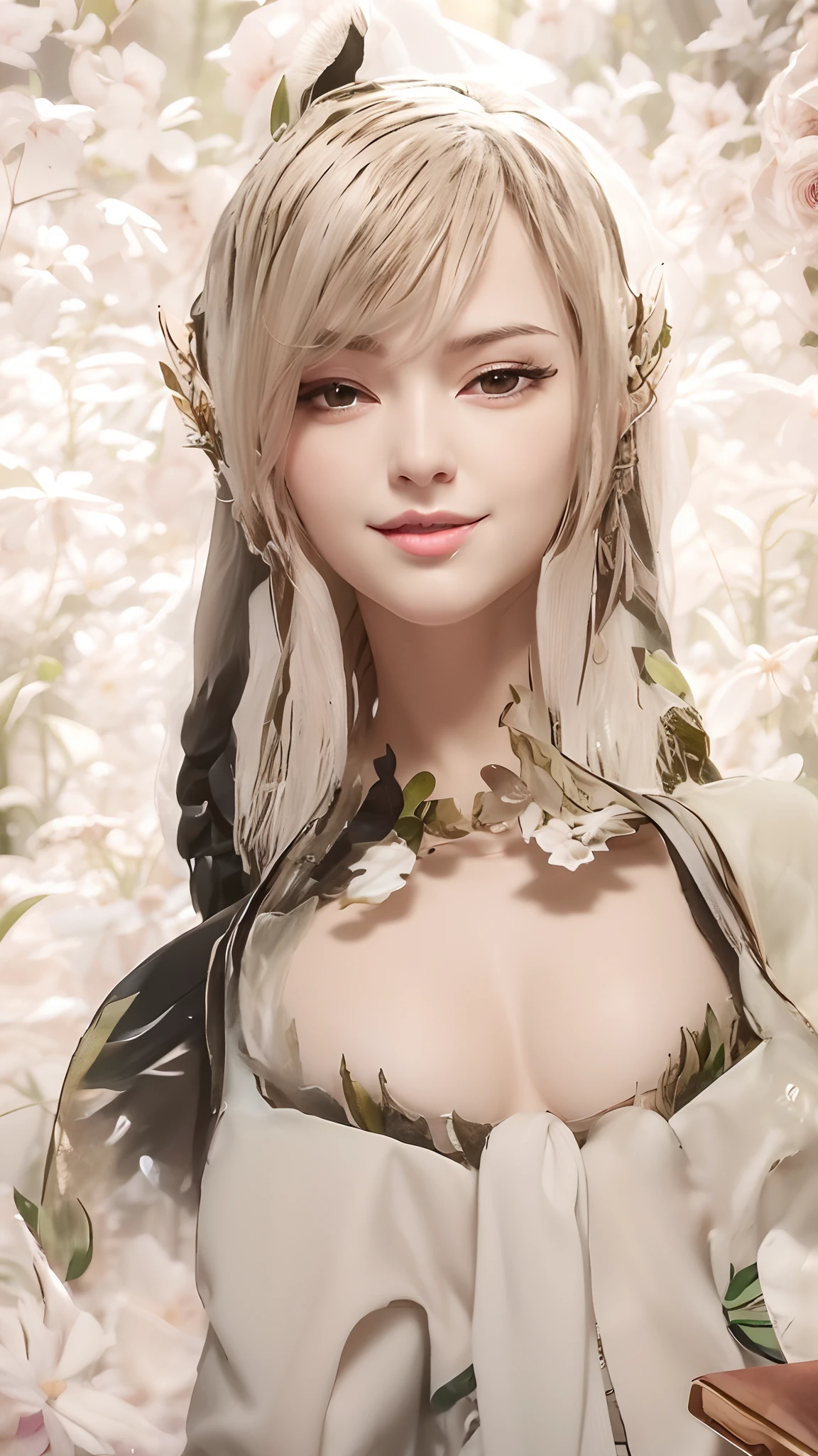 a close up of a person with a cell phone in their hand, fey queen of the summer forest, very beautiful elven top model, elven character with smirk, elf girl, goddess of nature, martial artist dryad, goddess of spring, elven princess, elf girl wearing an flower suit, game cg, hyperdetailed fantasy character, elf princess