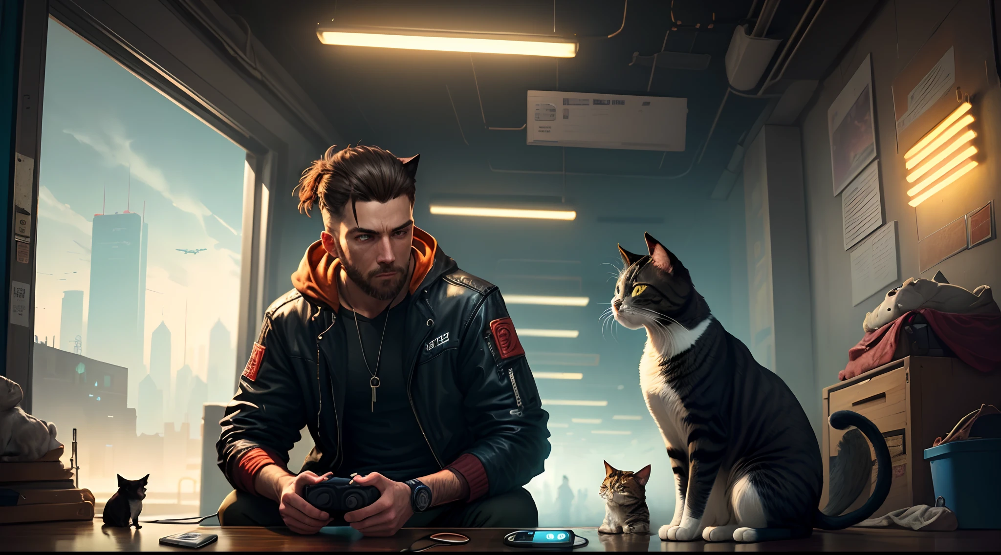 A lonely man near a cat In a cyberpunk universe, video games style, realistic, phone wallpaper, ultra hd, realistic.