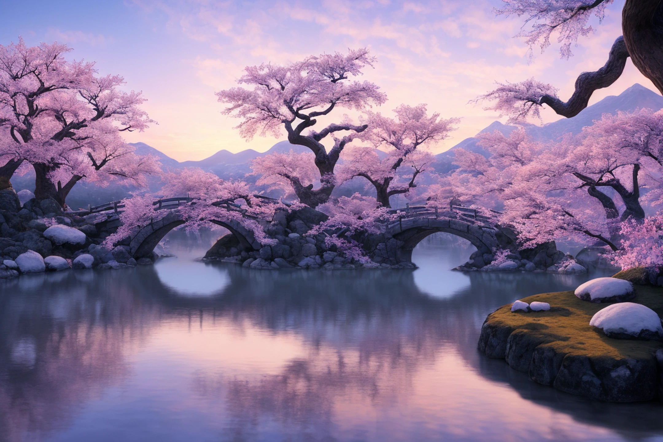 A ultra-realistic CG rendering of Ancient Japan,Winter,Winter, dawn, blue sky, pink clouds, lakes, waterfalls, peach trees,sunshine, fairy tale, lighting effects, fantasy, Thomas Kincaid, Unreal Engine, hyperrealistic style, 4K, ultra wide Angle, art station