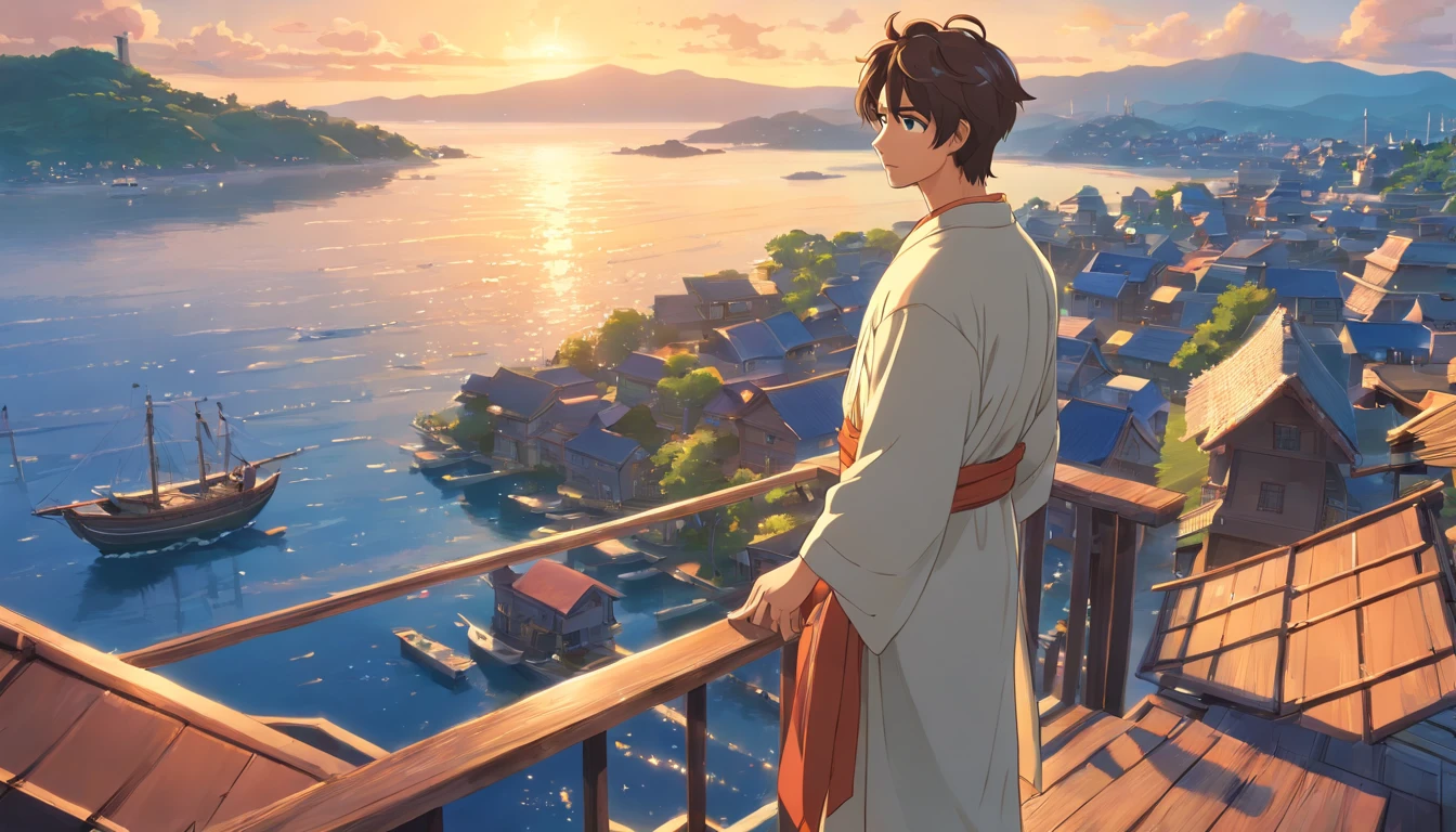 Male biblical character named Jonah, about 30 years old, in a robe, brown hair, image of Jonah living in a city by the sea, with houses and boats in the background to show the coastal scenery, hyper-realistic style, 8K , Ultra HD, Pixar, Disney Style, Cinema 4d