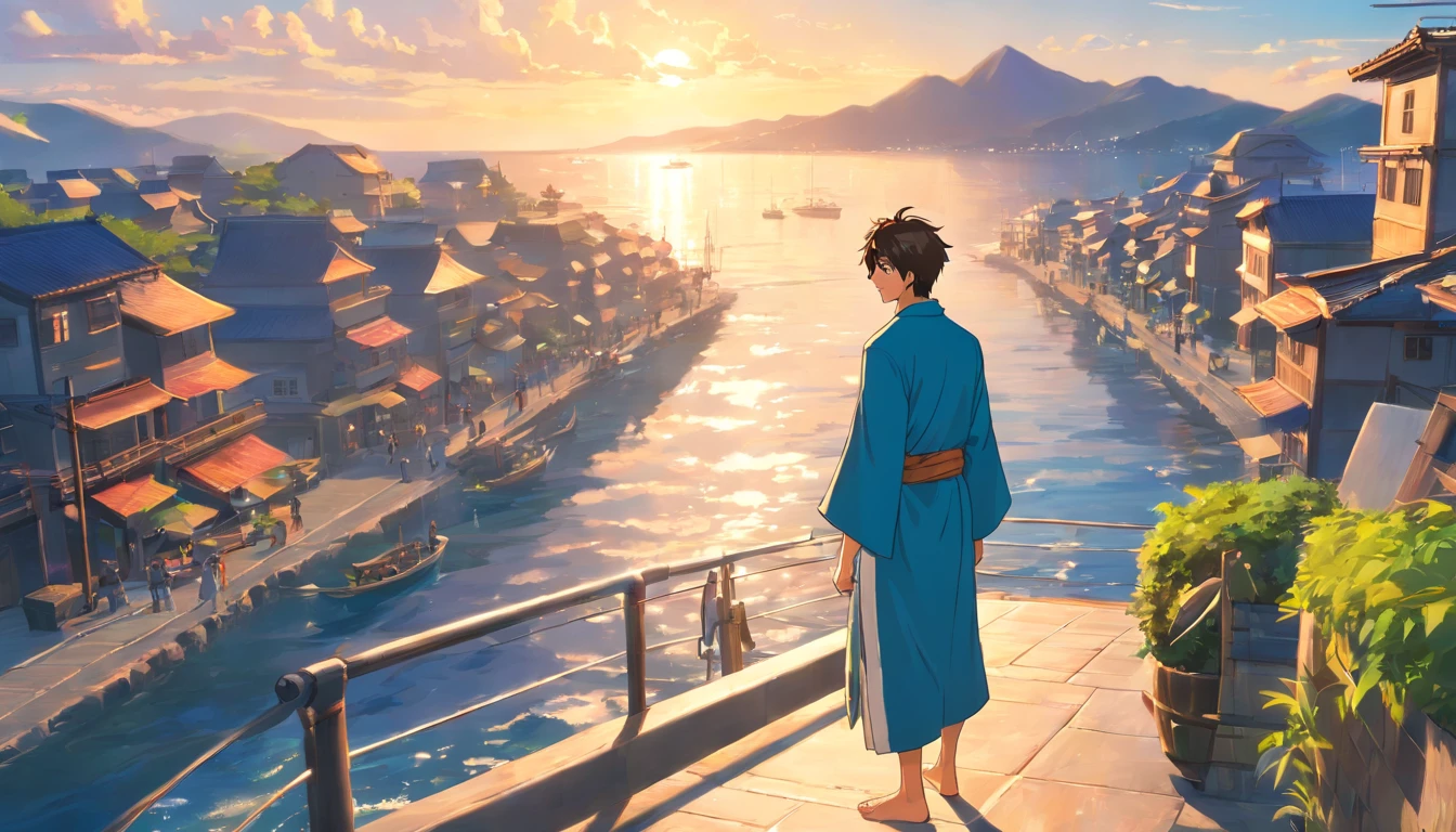 Male biblical character named Jonah, about 30 years old, in a robe, brown hair, image of Jonah living in a city by the sea, with houses and boats in the background to show the coastal scenery, hyper-realistic style, 8K , Ultra HD, Pixar, Disney Style, Cinema 4d