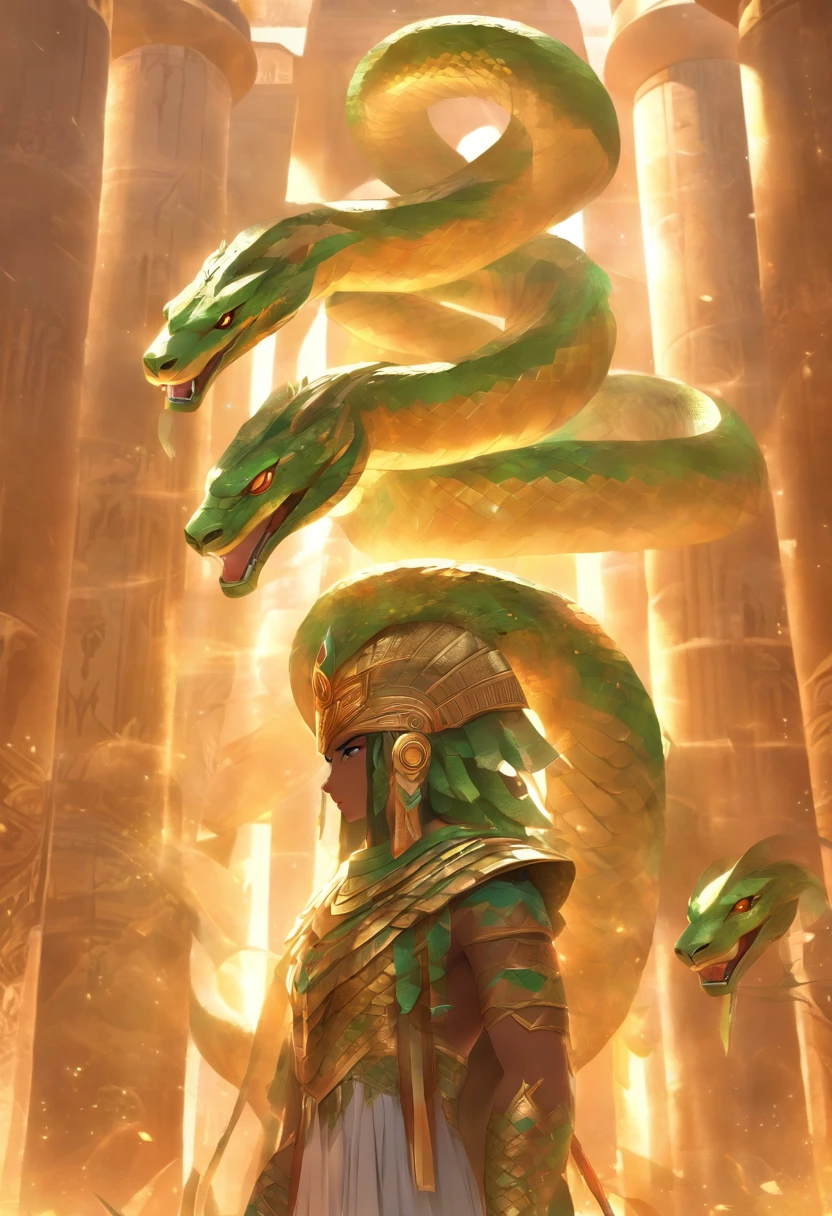 (((serpent helmet))) best quality, very high resolution, 4K detailed CG, masterpiece, Egyptian mythology, Renenutet, woman,sun in the background, Ancient Egypt, standing pose, serpent helmet, white clothes, egyptian clothing, egyptian temple, desert, ancient egypt, ((serpent helmet)), egyptian palace, aesthetics, beautiful image, centered on screen, standing pose