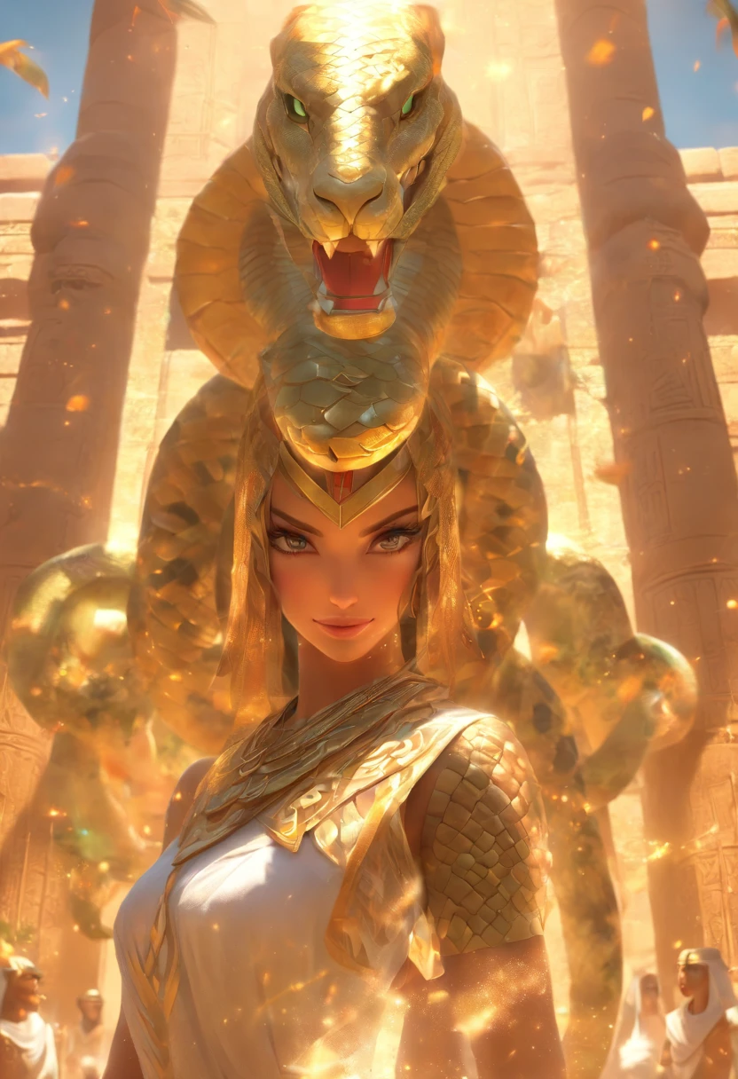 (((serpent helmet))) best quality, very high resolution, 4K detailed CG, masterpiece, Egyptian mythology, Renenutet, woman,sun in the background, Ancient Egypt, standing pose, serpent helmet, white clothes, egyptian clothing, egyptian temple, desert, ancient egypt, ((serpent helmet)), egyptian palace, aesthetics, beautiful image, centered on screen, standing pose