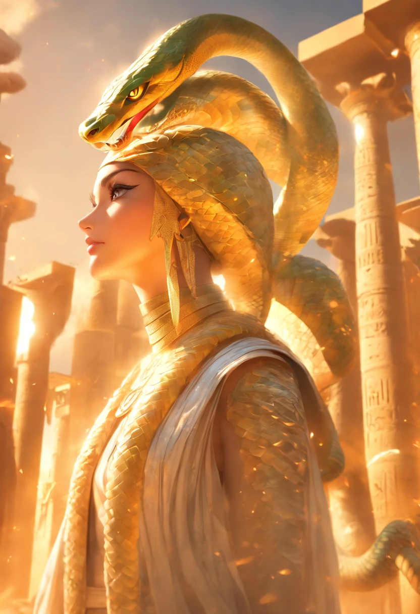 a portrait of a gazelle dressed as an Egyptian with a golden horn and an Egyptian wig , half face blocked by a jeweled Egyptian mask , music clip background, the gazelle has to be cute like an anime character