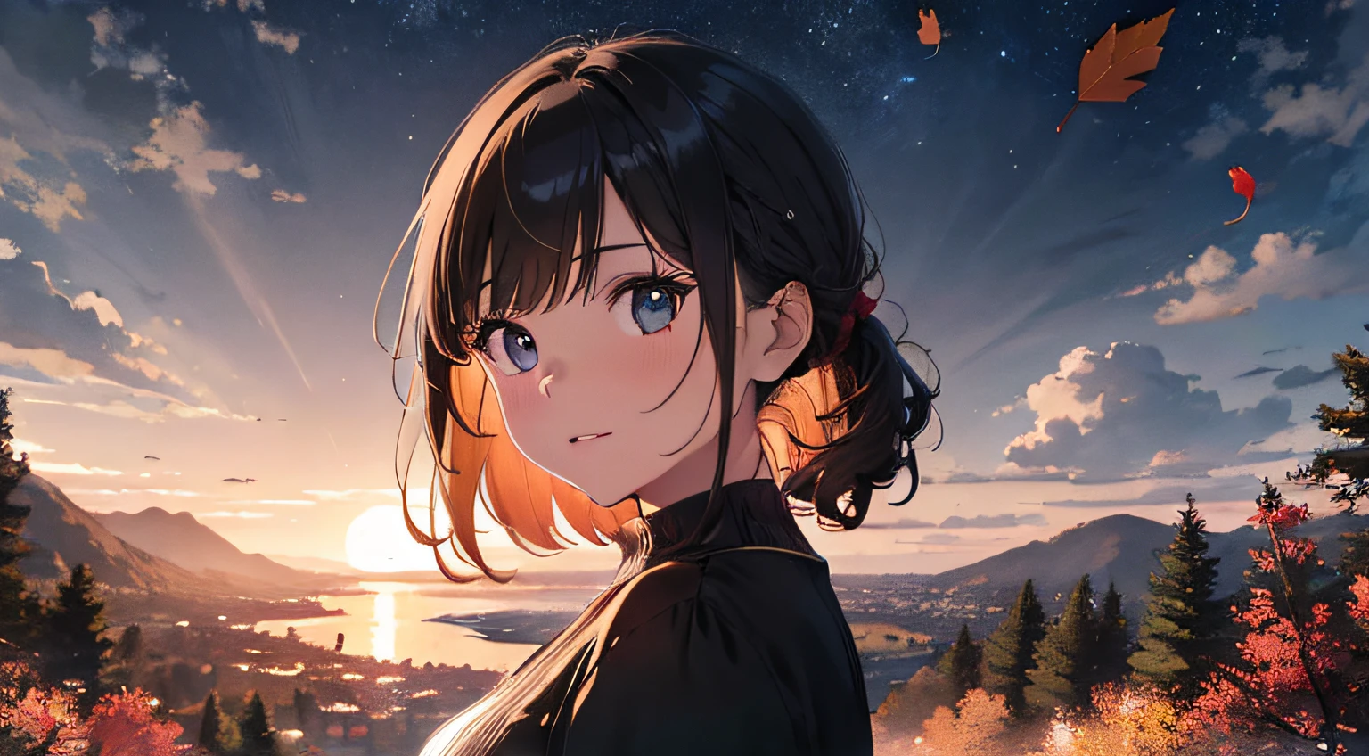 ((RAW image quality: 1.4)), 8K resolution, ultra-high-definition CG image, hill, beautiful hill at night, autumn leaves at night, red autumn leaves, moonlight, full moon, 20s, beautiful detailed eyes, beautiful medium hair , transparent skin, light brown clothes, silver grass, depth of field, must-have piece, 24K graphic arts, carefully drawn background, deep composition,