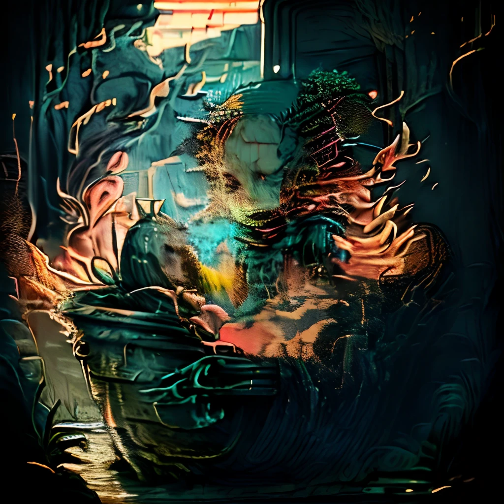 Long Hair Girl(born物発光による)Long dress standing near the doorway, The atmosphere is chaotic, Lots of fire, lava river, Hell, Fluorescent Portal, Cthulhu is visible on the other side of the portal,16K, Ultra-high resolution, Ultra-high resolution, born,Fantastic ,future、Shining in rainbow colors、The world 30 years from now。