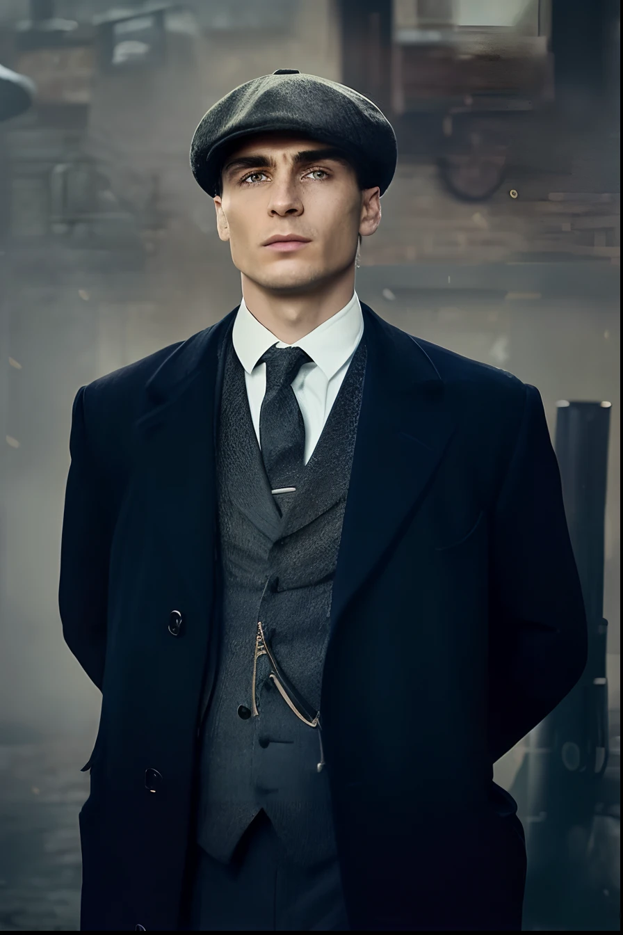 a man with intense gaze, dark eyes, strong jawline, wearing a tailored suit and a peaked cap, standing confidently in a smoky room filled with vintage furniture and dimly lit by a single hanging lamp, his hand holding a lit cigarette, surrounded by a group of fierce-looking men with guns, creating a tense and dangerous atmosphere, capturing the essence of Thomas Shelby's character. The artwork should have a realistic and photorealistic quality (best quality, high res, hyperdetailed:1.2), with a gritty and noir aesthetic, emphasizing deep shadows and contrasting lighting. The color palette should be desaturated with a slight blue tint, giving the image a cold and mysterious ambiance. The composition should focus on Thomas Shelby, conveying his leadership and power, while also hinting at the criminal underworld he is part of.