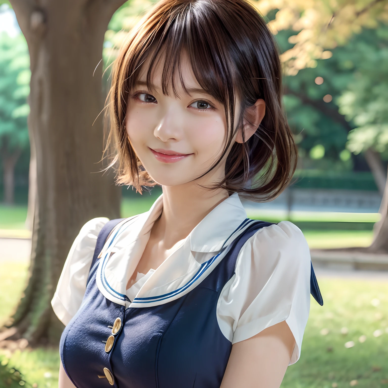 ((masutepiece)), (((Best Quality))), ((Ultra-detailed)), ((Illustration)), ((disheveled hair)), huge-breasted:1.8.Girl posing in park, Seductive Anime Girl, a hyperrealistic schoolgirl, a hyperrealistic schoolgirl, oppai, Smooth Anime CG Art, Japan schoolgirl, Ecchi, Teasing smile