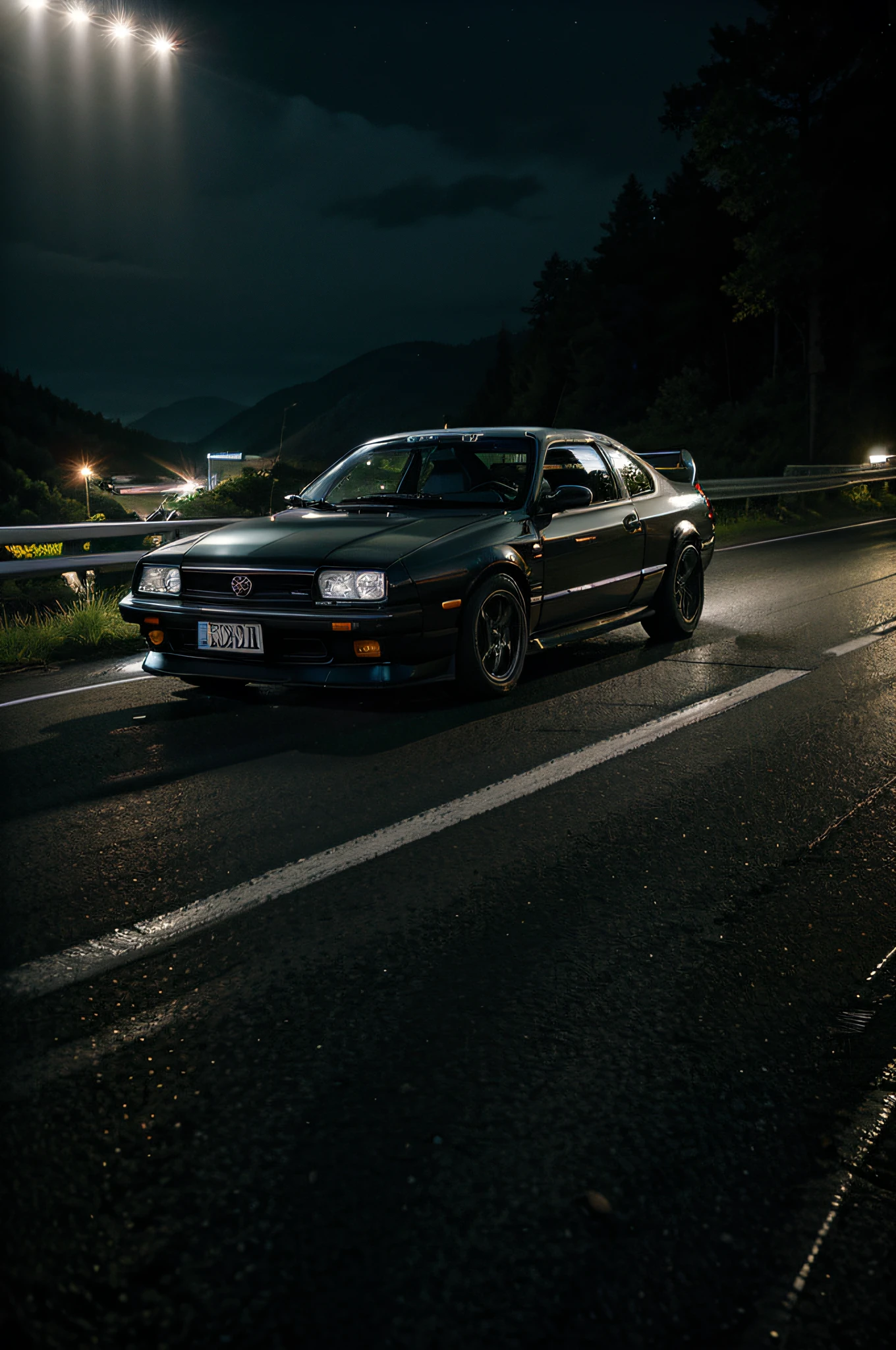 Car drifting on a mountain road at high speed, Intense racing atmosphere, Detailed car interior, Night view with street lights, Vibrant colors, Realistic car and road textures, dynamic compositions, strong sense of movement, Dark and moody lighting, Realistic smoke and tire marks, Multiple car races, Rumbling and engine noise, High-definition, sharp details, Midnight Race, stylised illustration.AE86,86
