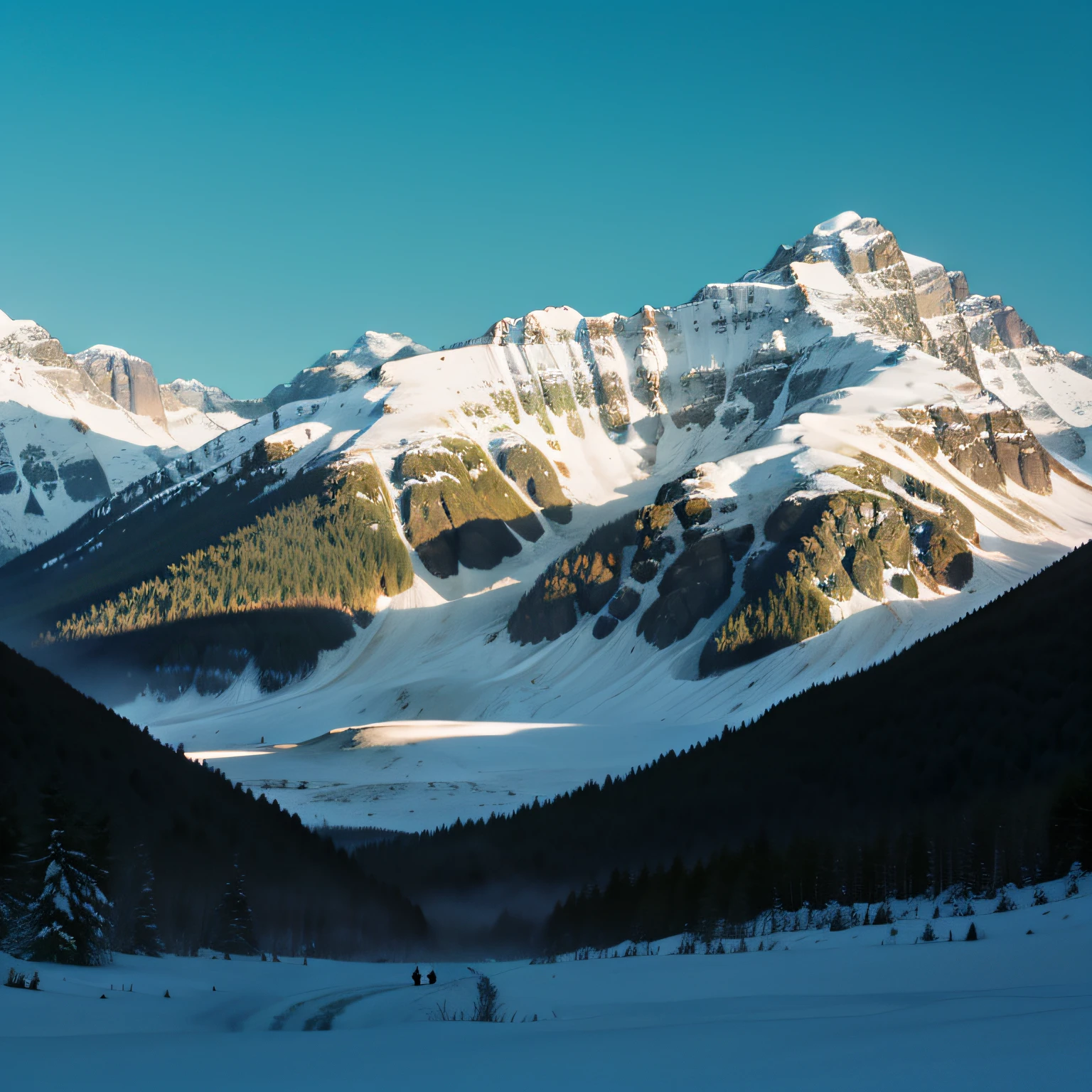 Towering snow-capped mountains, Lac Turquoise, (woods), fleur, arbres, herbe, bambou, source, sunny weather, fort ensoleillement, clair-obscur, falaises, Panoramao, 8k, High quality, image de fond d"Computer screen, format paysage