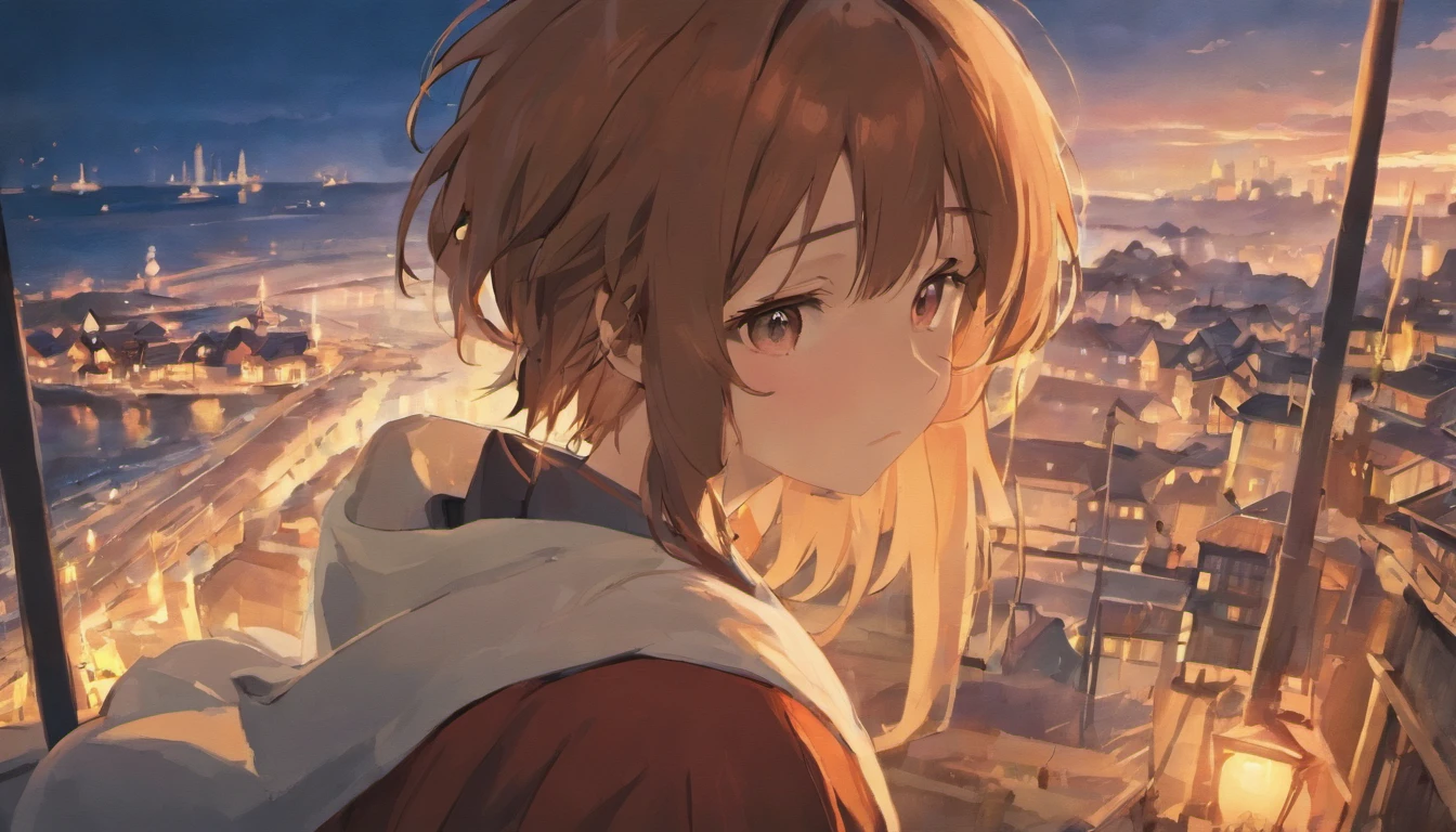 Male biblical character named Jonah, about 30 years old, in a robe, brown hair, image of Jonah living in a city by the sea, with houses and boats in the background to show the coastal scenery, hyper-realistic style, 8K , Ultra HD, Pixar, Disney Style, Cinema 4d