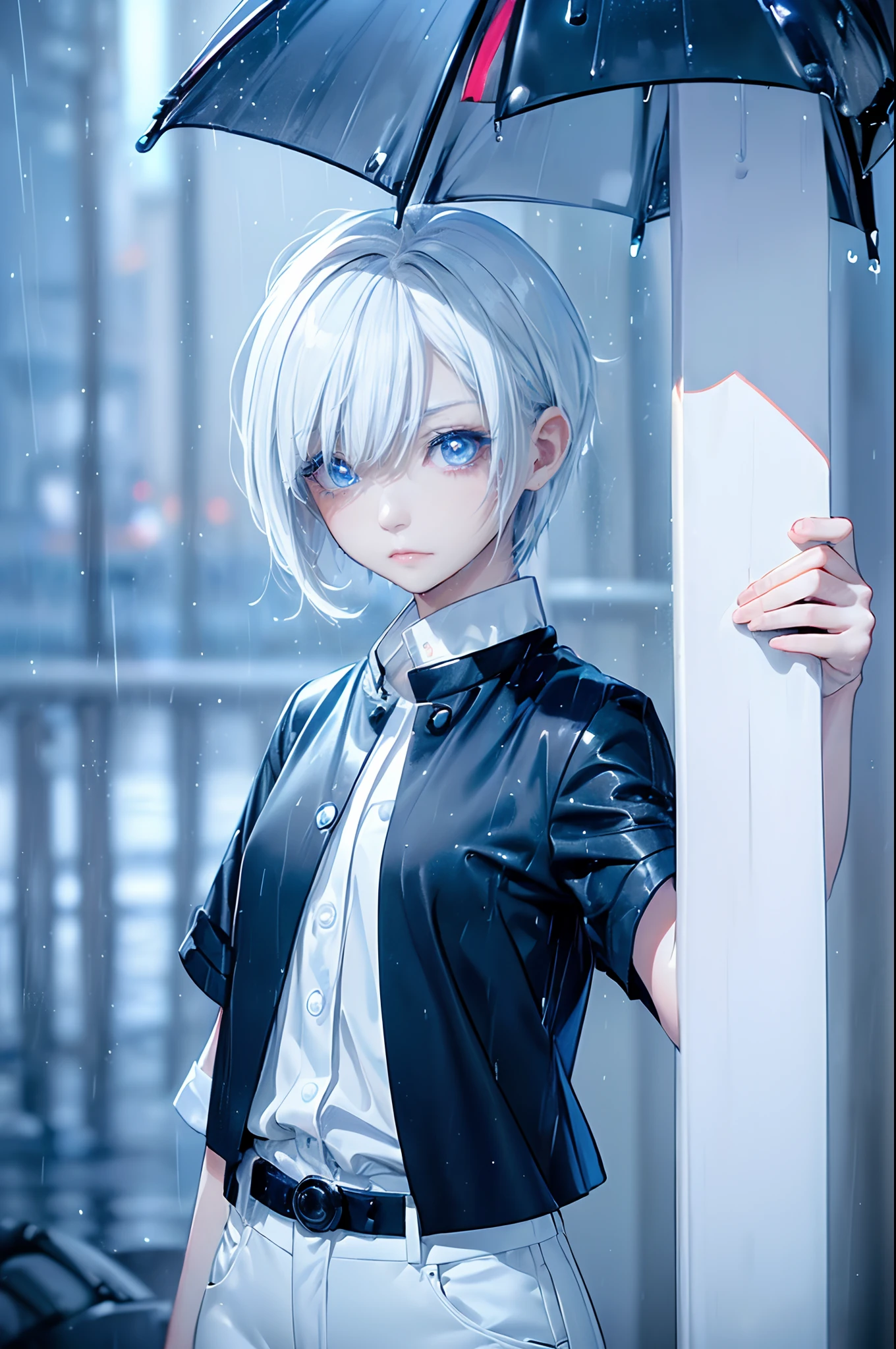 ((4K works))、​masterpiece、(top-quality)、1 beutiful girl、Slim body、tall、((Black Y-shirt and white pants、Charming street style))、(Detailed beautiful eyes)、City of the Morning、((Rainy city))、Fashionable city with rain in the morning、((Face similar to Carly Rae Jepsen))、((Short-haired white hair))、((Smaller face))、((Neutral face))、((Bright blue eyes))、((American adult women))、((Adult female 26 years old))、((cool lady))、((Like a celebrity))、((Sad expression))、((Korean Makeup))、((elongated and sharp eyes))、((Happy dating))、((boyish))、((Upper body photography))、Professional Photos、((Shot alone))、((She stands looking up at the sky))