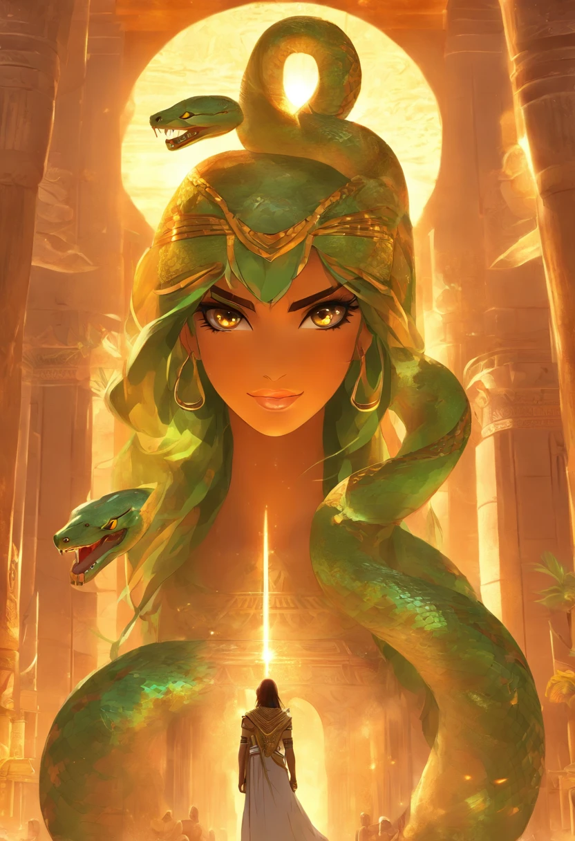 (((serpent head))) best quality, very high resolution, 4K detailed CG, masterpiece, Egyptian mythology, Renenutet, woman,sun in the background, Ancient Egypt, standing pose, snake face, white clothes, egyptian clothing, egyptian temple, desert, ancient egypt, ((serpent head)), egyptian palace, aesthetics, beautiful image, centered on screen, standing pose