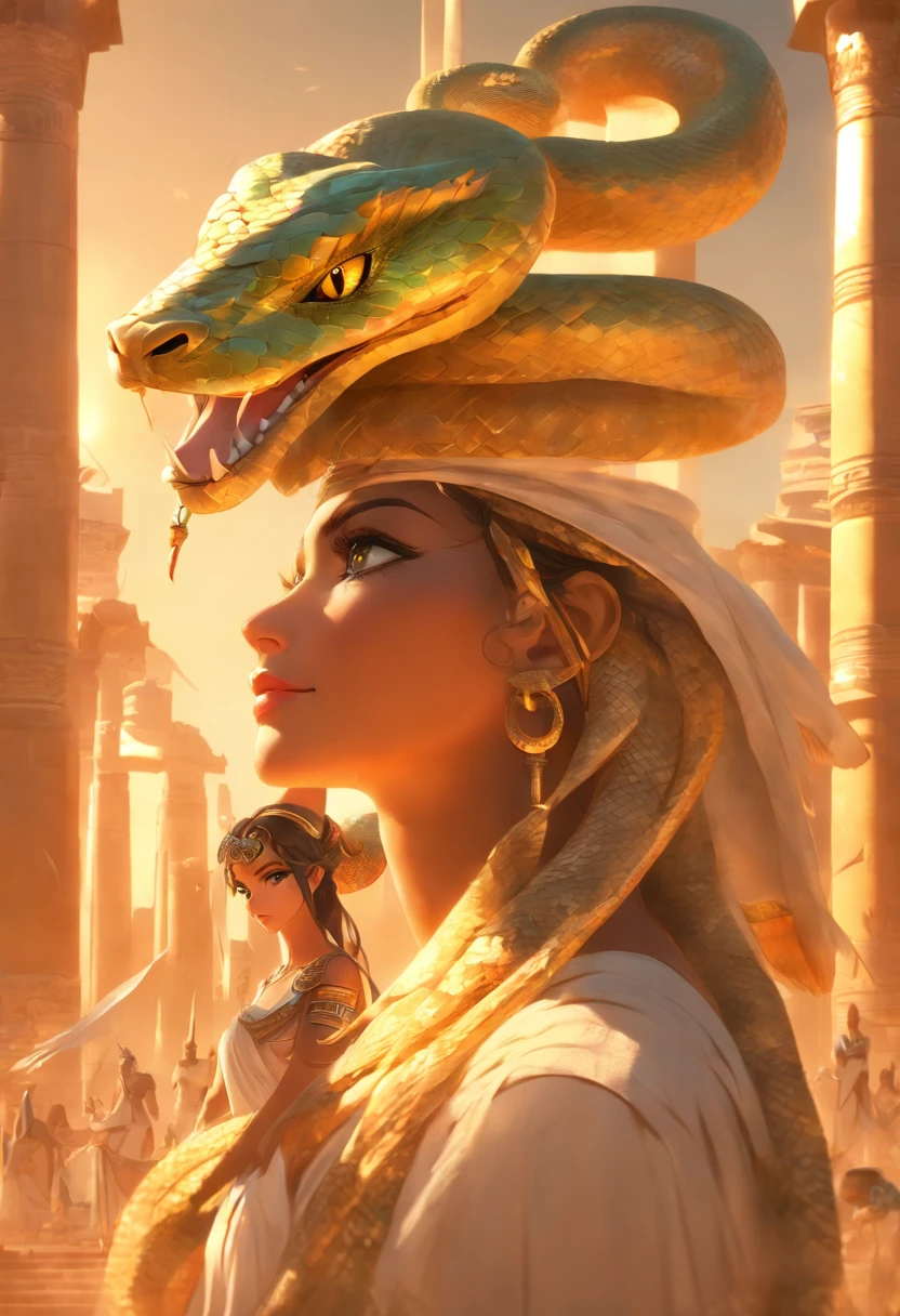 (((serpent head))) best quality, very high resolution, 4K detailed CG, masterpiece, Egyptian mythology, Renenutet, woman,sun in the background, Ancient Egypt, standing pose, snake face, white clothes, egyptian clothing, egyptian temple, desert, ancient egypt, ((serpent head)), egyptian palace, aesthetics, beautiful image, centered on screen, standing pose