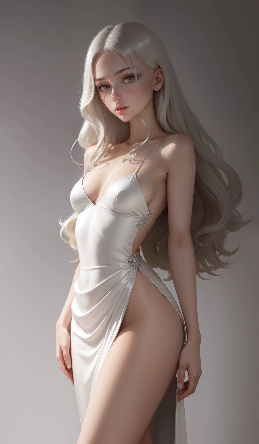 a woman in a long silver solid draped spaghetti dress, silver high heels, diamond hair piece, , shoulder length slightly wavy hair, ((platinum blonde hair)) and gleaming detailed vibrant grey eyes, slim frame, medium breasts, long legs, beautiful face, small butt size, small feet size, small hand size, perfect hands, scary face, beautiful face, pretty face, hot woman, British woman, cream skin, small soft pink lips , medium breast size, slim figure, standing pose, soft features, cute girl, perfectly framed face, soft pink lips, glossy lips