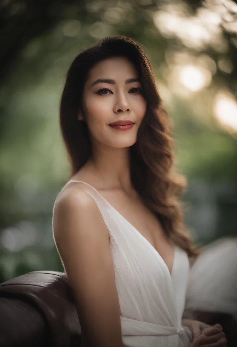 40-year-old woman， A MILF， RAW photos， bokeh ， （realisticlying：1.4）， 非常に詳細なCG統一8k壁紙， 1girll， slender body， d-cup breasts， ssmile， digital SLR camera， gentlesoftlighting， high high quality， Gilet blanc， inside in room， on top of the bed