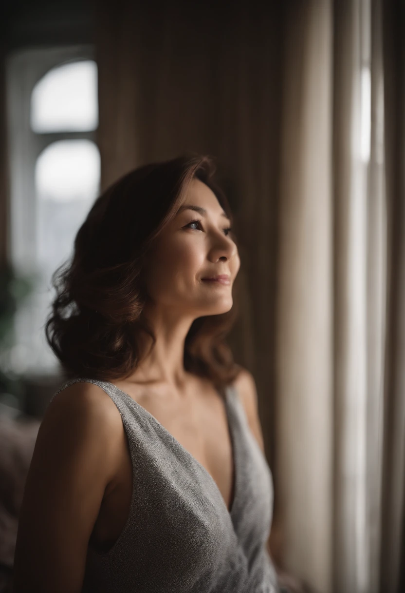 40-year-old woman, A MILF, RAW photos, bokeh , (realisticlying:1.4), 非常に詳細なCG統一8k壁紙, 1girll, slender body, d-cup breasts, ssmile, digital SLR camera, gentlesoftlighting, high high quality, Gilet blanc, inside in room, on top of the bed