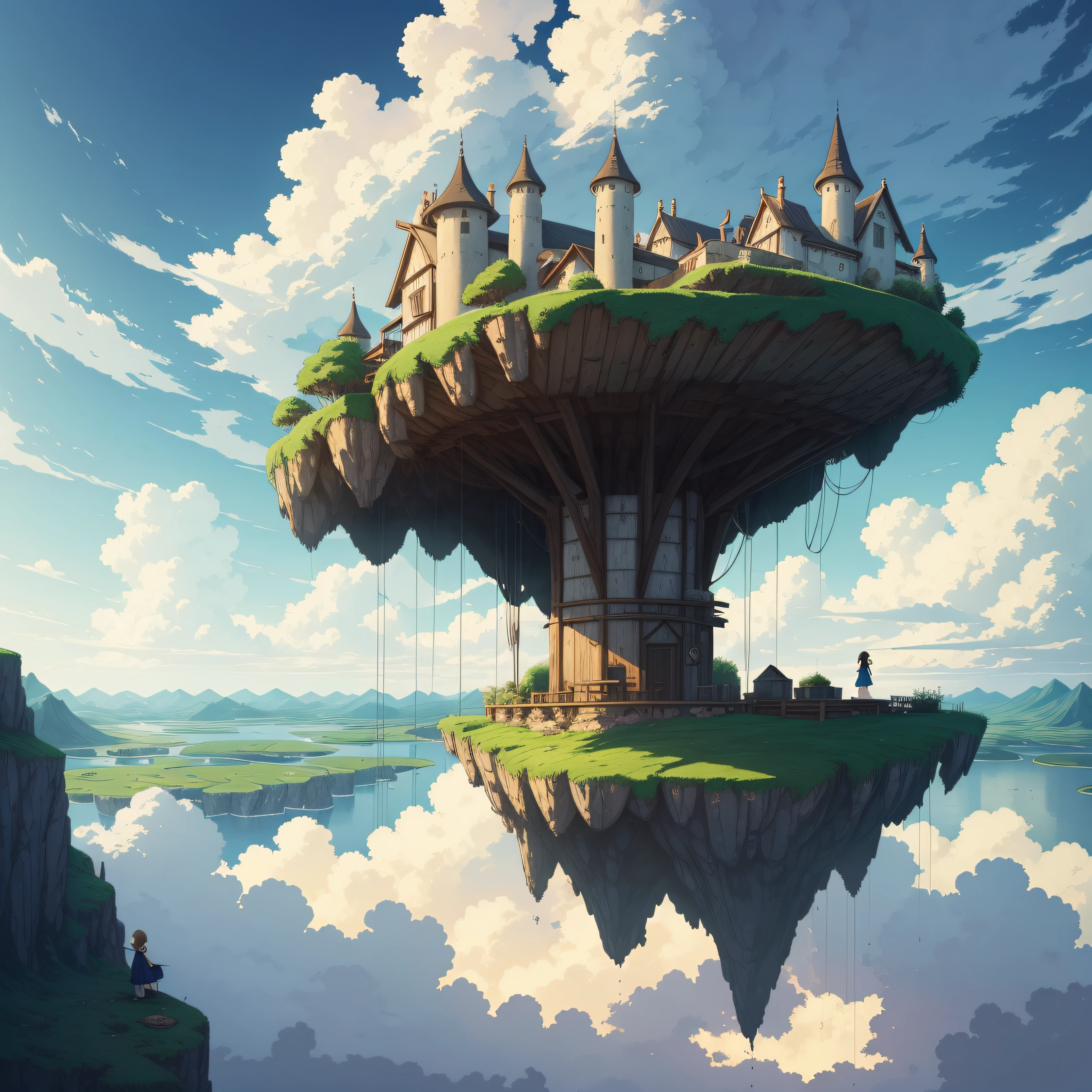 She's just a simple girl who works on a farm. She lives in difficult times., It's the Dark Ages. , Crazy World, Floating islands, cloud castles, (Best Quality:1.3), (hight resolution:1), (Detailed:1.3), (unbelievable:1.3), (Perfect:1.3), (Perfection:1.3), (Volume Cover Art:0), (Illustration:1.3), art by studio ghibli --auto