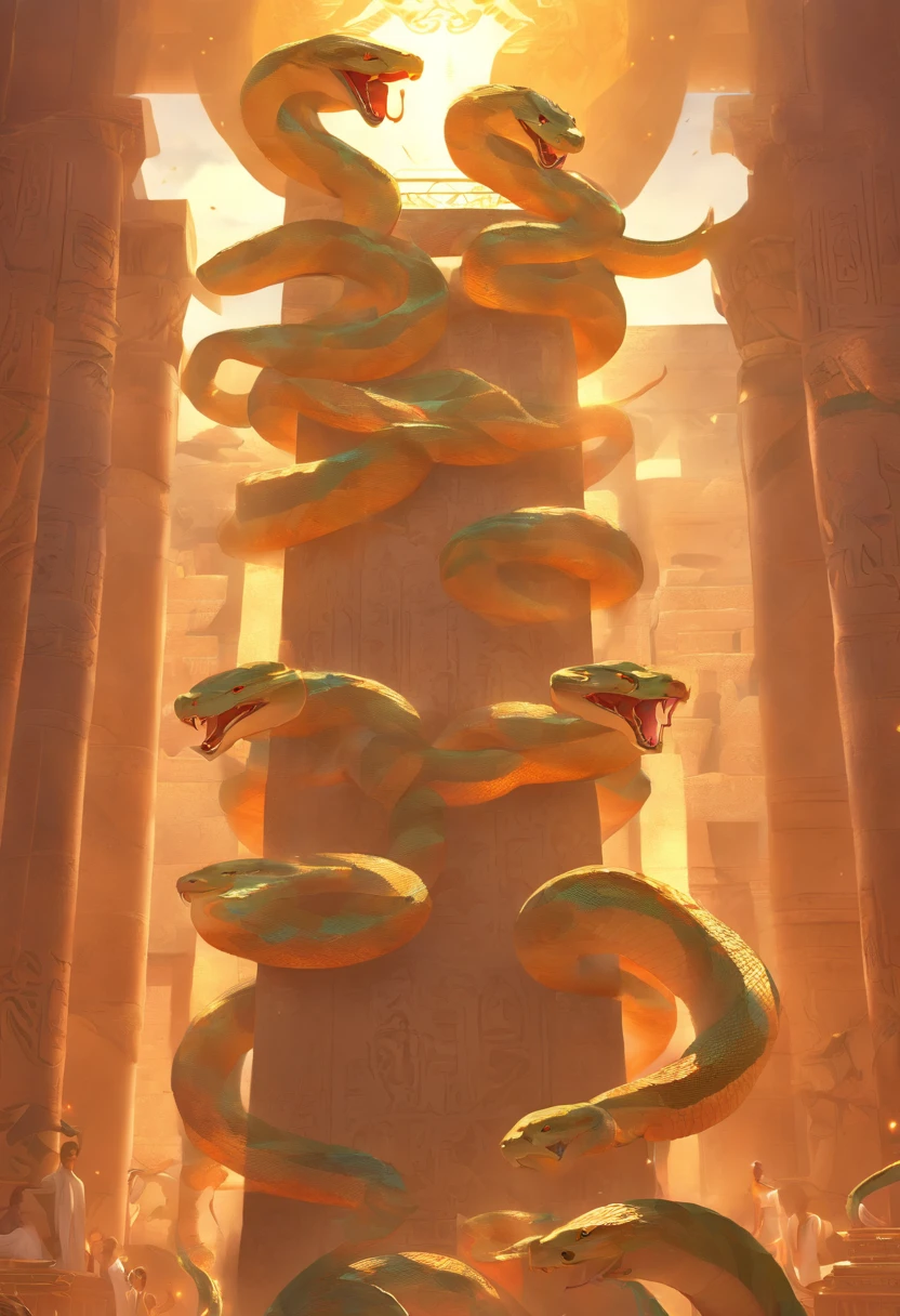 (((serpent head))) best quality, very high resolution, 4K detailed CG, masterpiece, Egyptian mythology, Renenutet, snake goddess, sun in the background, Ancient Egypt, standing pose, snake face, white clothes , Egyptian clothing , Egyptian temple, desert, Ancient Egypt, ((serpent head)), Egyptian palace, aesthetics, beautiful image, centered on screen, standing pose