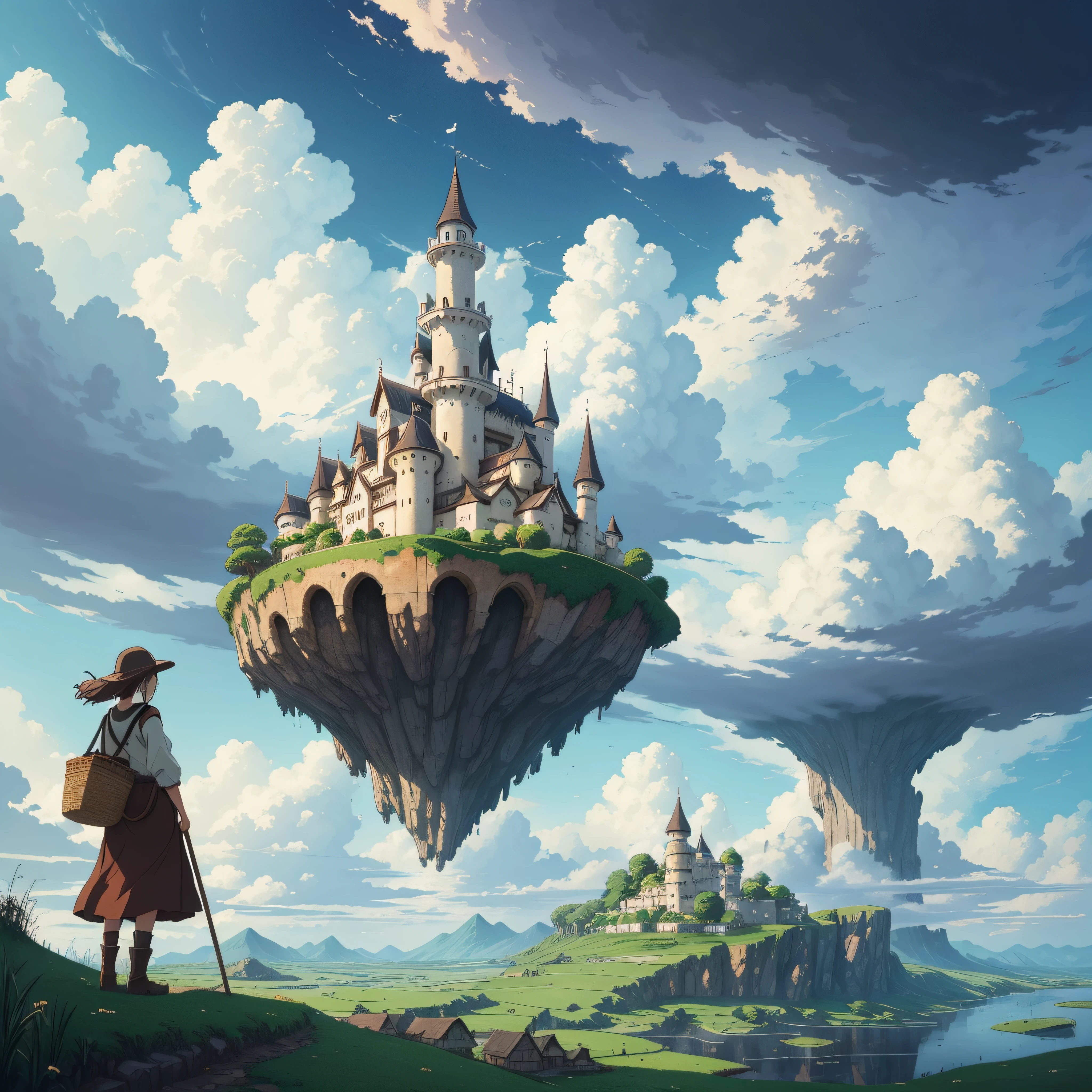 She's just a simple girl who works on a farm. She lives in difficult times., It's the Dark Ages. , Crazy World, Floating islands, cloud castles, (Best Quality:1.3), (hight resolution:1), (Detailed:1.3), (unbelievable:1.3), (Perfect:1.3), (Perfection:1.3), (Volume Cover Art:0), (Illustration:1.3), art by studio ghibli --auto