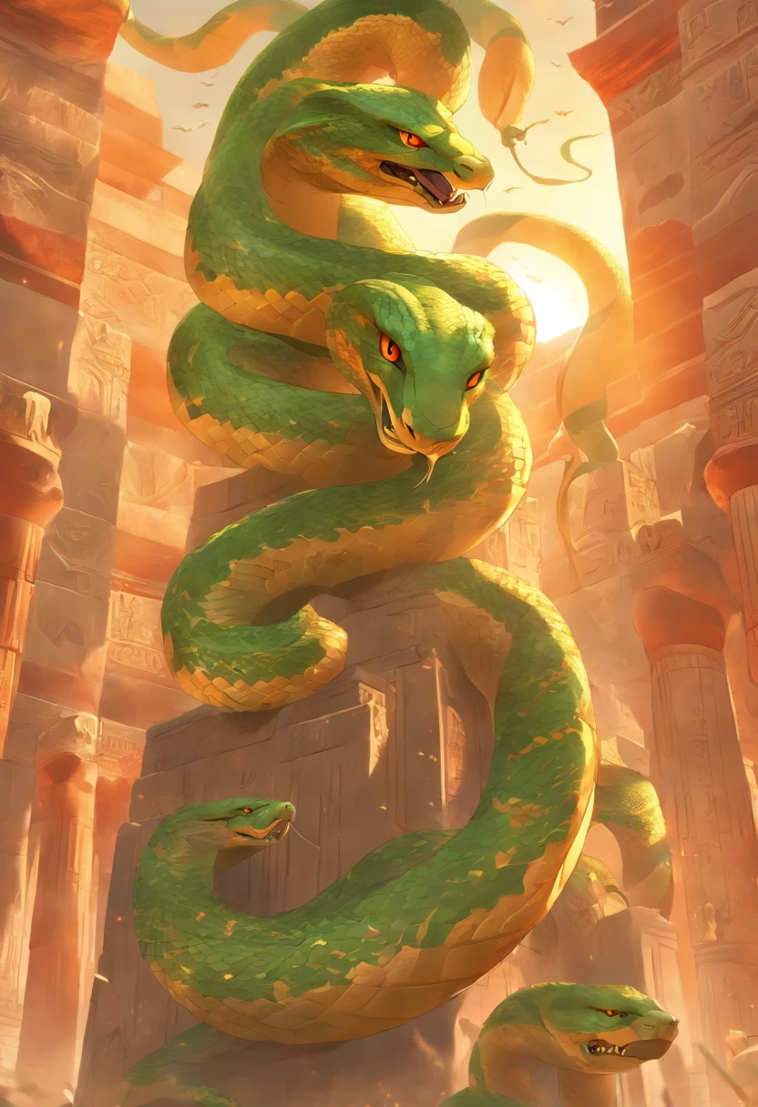 (((serpent face))) best quality, very high resolution, 4K detailed CG, masterpiece, Egyptian mythology, Renenutet, snake goddess, sun in the background, Ancient Egypt, standing pose, serpent face, white clothes , Egyptian clothing , Egyptian temple, desert, Ancient Egypt, ((serpent head)), Egyptian palace, aesthetics, beautiful image, centered on screen, standing pose