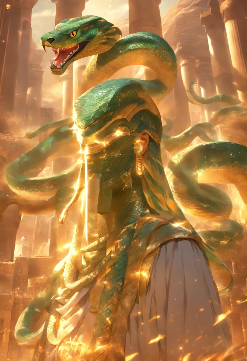 (((serpent face))) best quality, very high resolution, 4K detailed CG, masterpiece, Egyptian mythology, Renenutet, snake goddess, sun in the background, Ancient Egypt, standing pose, serpent face, white clothes , Egyptian clothing , Egyptian temple, desert, Ancient Egypt, ((serpent head)), Egyptian palace, aesthetics, beautiful image, centered on screen, standing pose